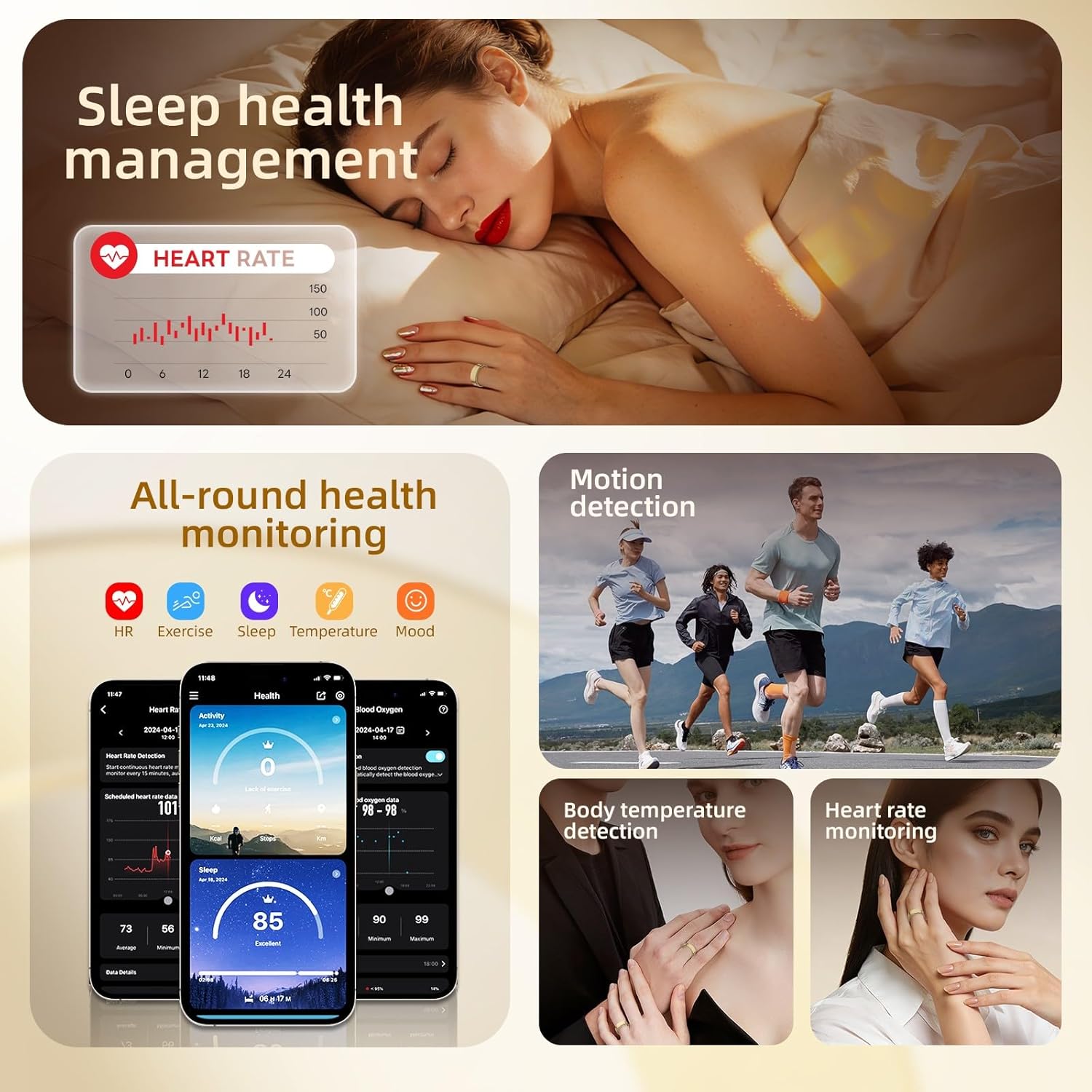 Smart Ring for Women& Men, Fitness Ring & Sleep Tracker Health Tracker With Heart Rate & Blood Oxygen Monitor, Step Counter Ring,IP68 Waterproof, No Subscription Fee for IOS & Android (Gold, #9)