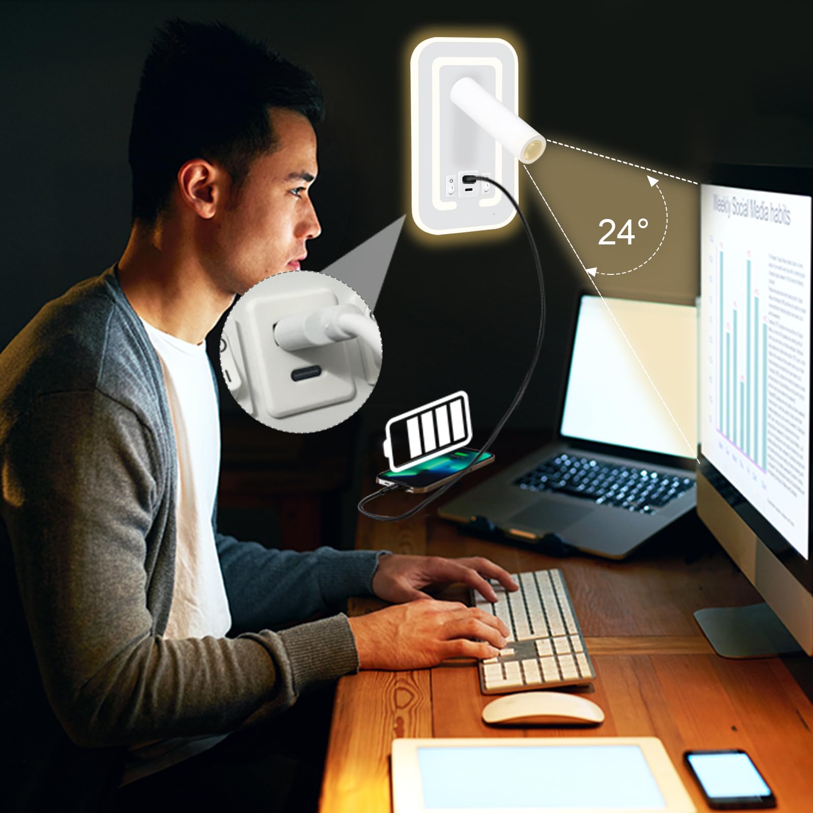 HUIZHOU Aplique de Pared LED 3W + 9W, Lámpara de Lectura con Puerto USB, Luz de Cabecero Giratoria 3000K, Flexible y Moderna para Dormitorio, Escalera y Pasillo (rectangular Blanco)