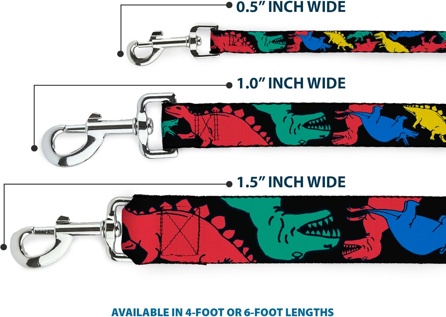 Buckle-Down Pet Leash - Dinosaurs Black/Multi Color - 6 Feet Long - 1.5" Wide