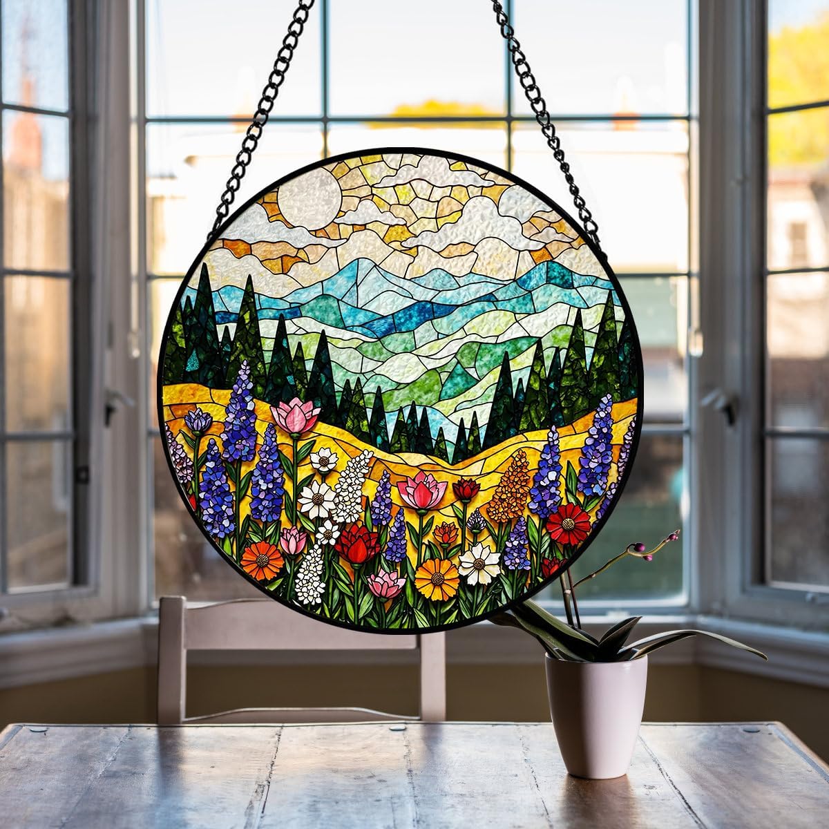 Mountain Wildflower Suncatcher Stained Glass Window Hanging - 8 Inch Plant Flower Suncatchers for Windows Hanging - Sun Catchers Indoor Outdoor Garden Decorations Glass Panel Gift for Women Mom Lovers
