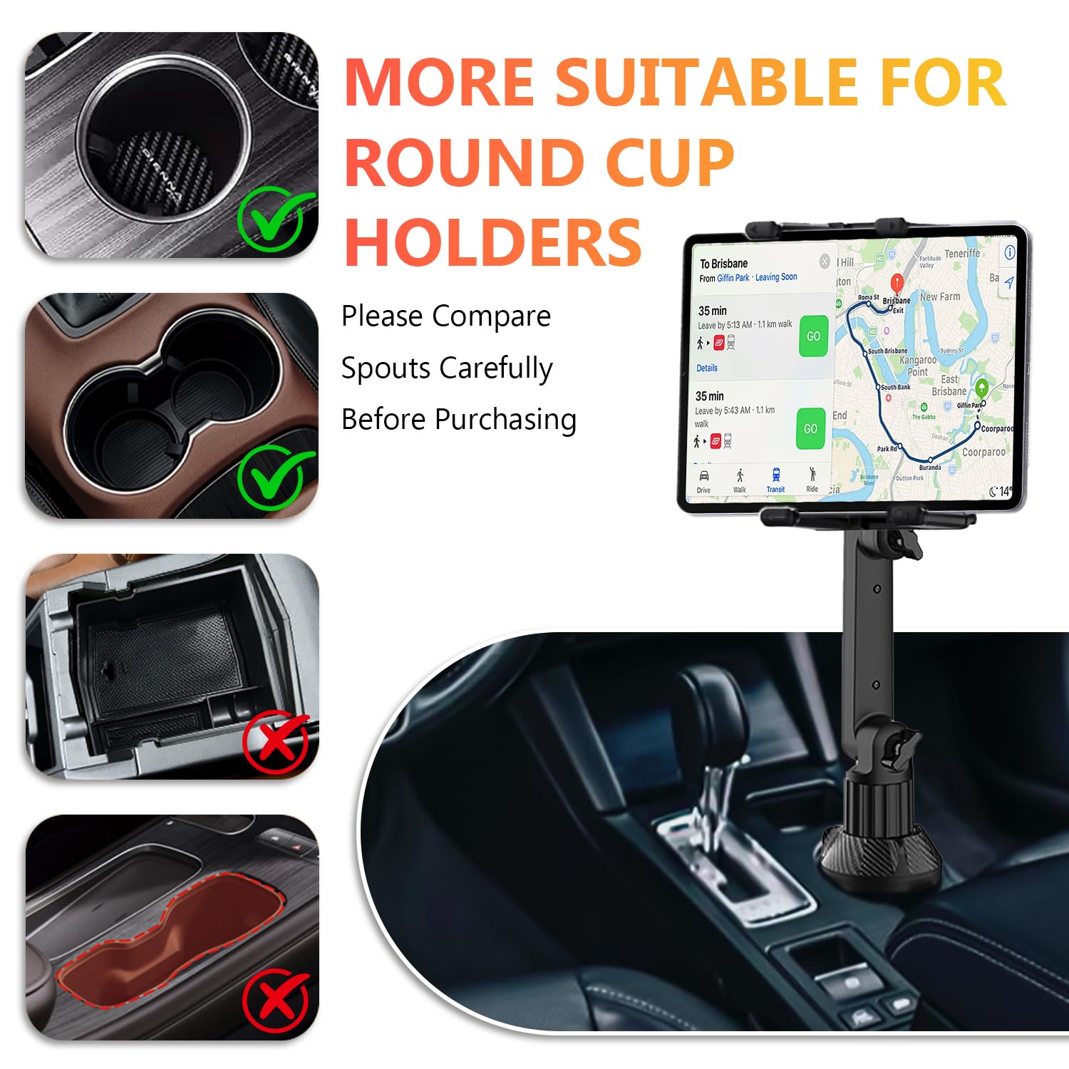 WUITIN Getränkehalter fürs Auto, Tablet-Halterung für Auto, 360° verstellbar, 38,1 cm lang, 2-Arm-Ständer für iPad, Samsung Galaxy Tab/Z Fold 4/3, iPhone 15/14/Pro, 11,9–32,8 cm Tab und Handy
