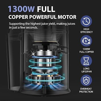 1300W KOIOS Centrifugal Juicer Machines, Juice Extractor with Extra Large 3inch Feed Chute, Full Copper Motor, Titanium-Plated Filter, High Juice Yield, 3 Speeds Mode, Brush included, Non-BPA, Blue