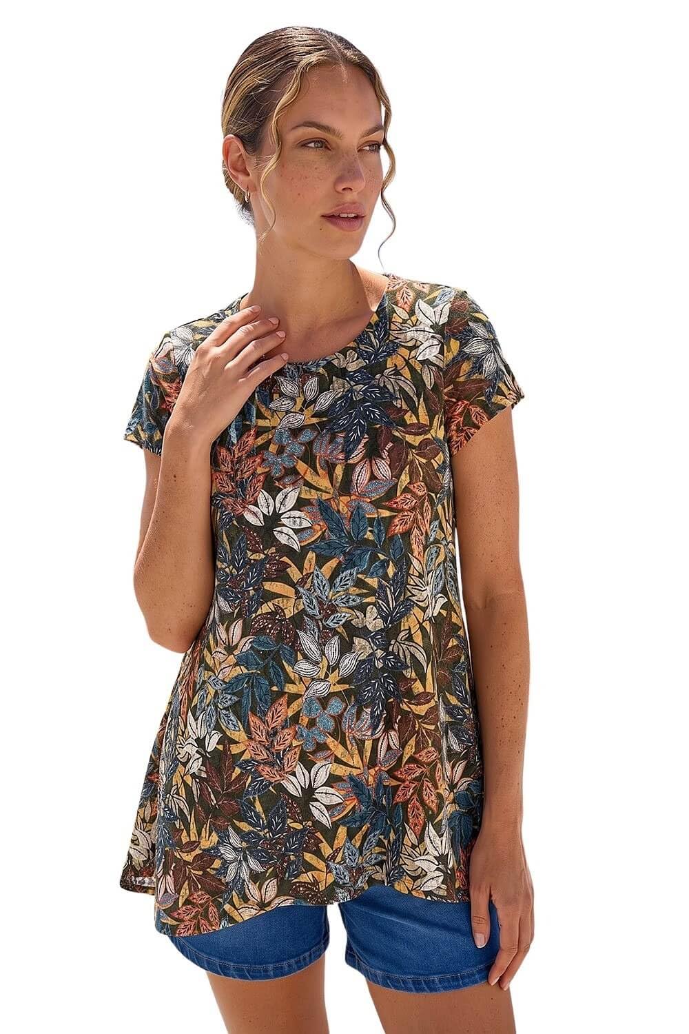Roman Women's Floral Lace Puff Print Tunic Top in Khaki | Size: 18