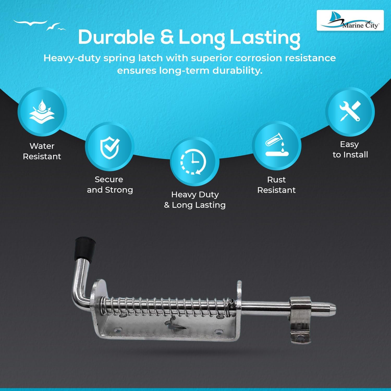 MARINE CITY Spring Latch Barrel Bolt with Cradle, 304 Stainless Steel, Heavy-Duty, Corrosion-Resistant, 8-1/2" for Marines, Boats, Yachts, Garage Accessories (Pack of 1)