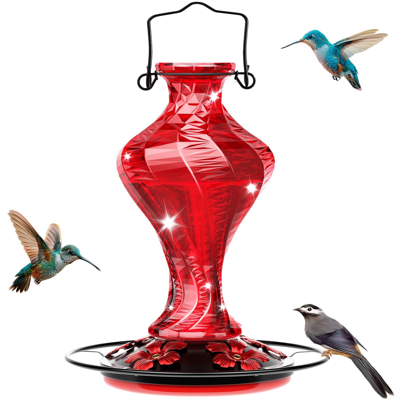 Glass Hummingbird Feeder for Outdoors Hanging, Bird Nectar Feeder with Perch & 5 Flower Feeding Ports, 20 Oz Leak Proof for Outside Garden Decor Backyard, Gifts for Women Mom, Red