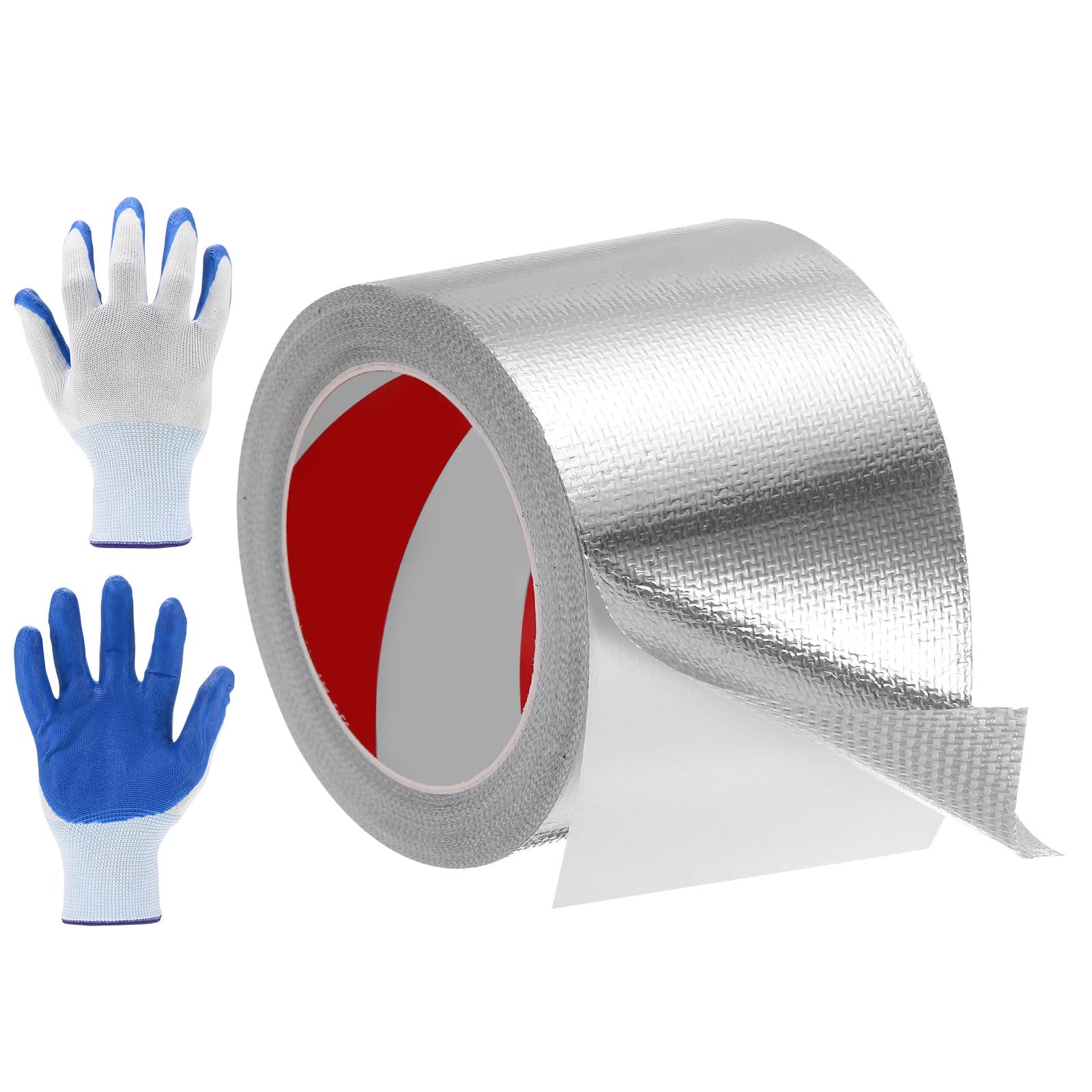 sourcing map 1 Pack Fiberglass Aluminum Foil Tape, 80mm x 20m Adhesive Aluminum Foil Heat Shield Tape Heat Resistant Sealing Tape High Temp Protection with Gloves for HVAC, Pipe, Auto