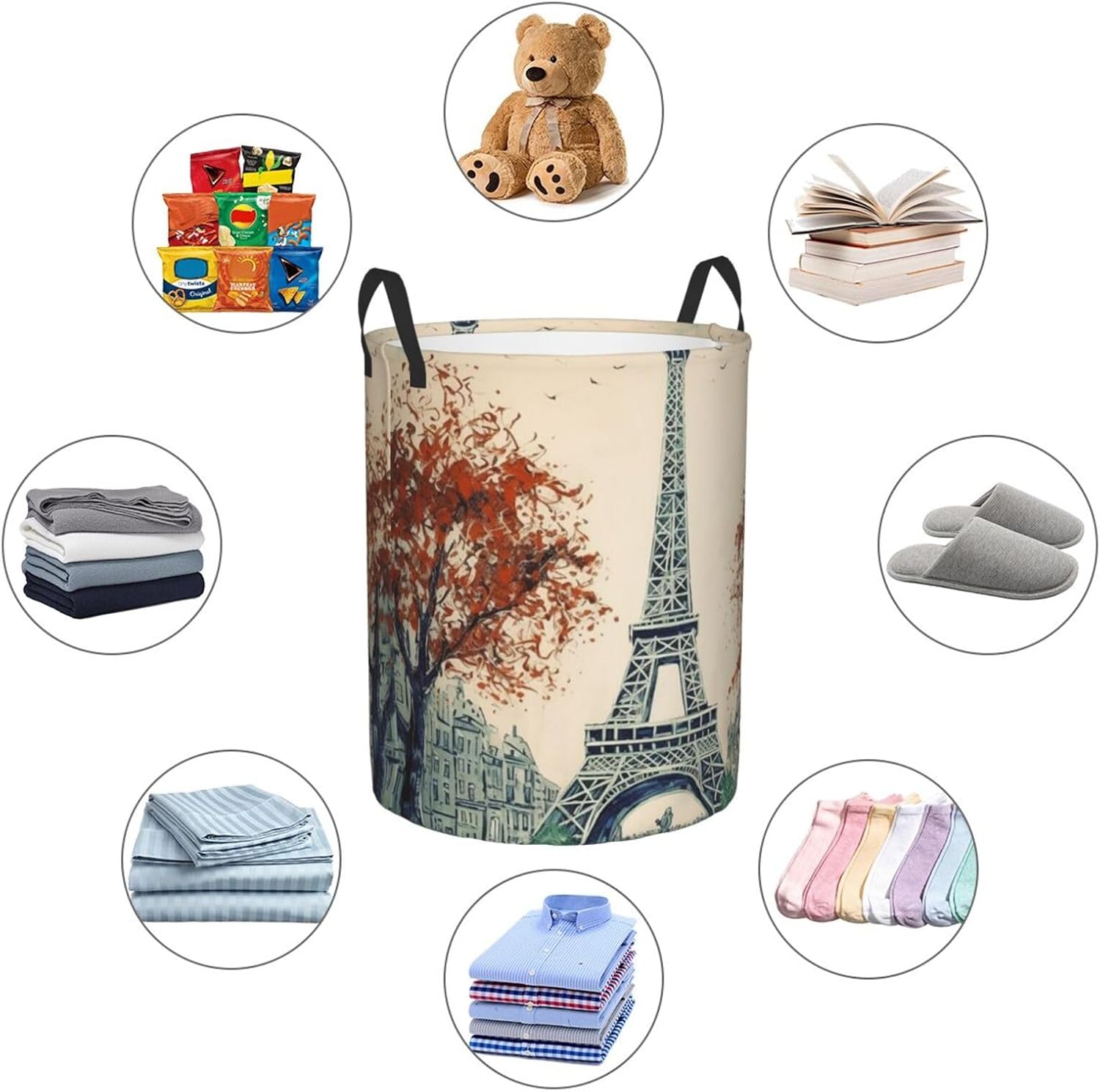 Paris City Tree Eiffel Tower Art Laundry Basket With Handles, Foldable Laundry Hamper Oxford Cloth Dirty Clothes Basket Waterproof Clothes Toys Storage Bin Organizer for Bedroom Bathroom Dorm