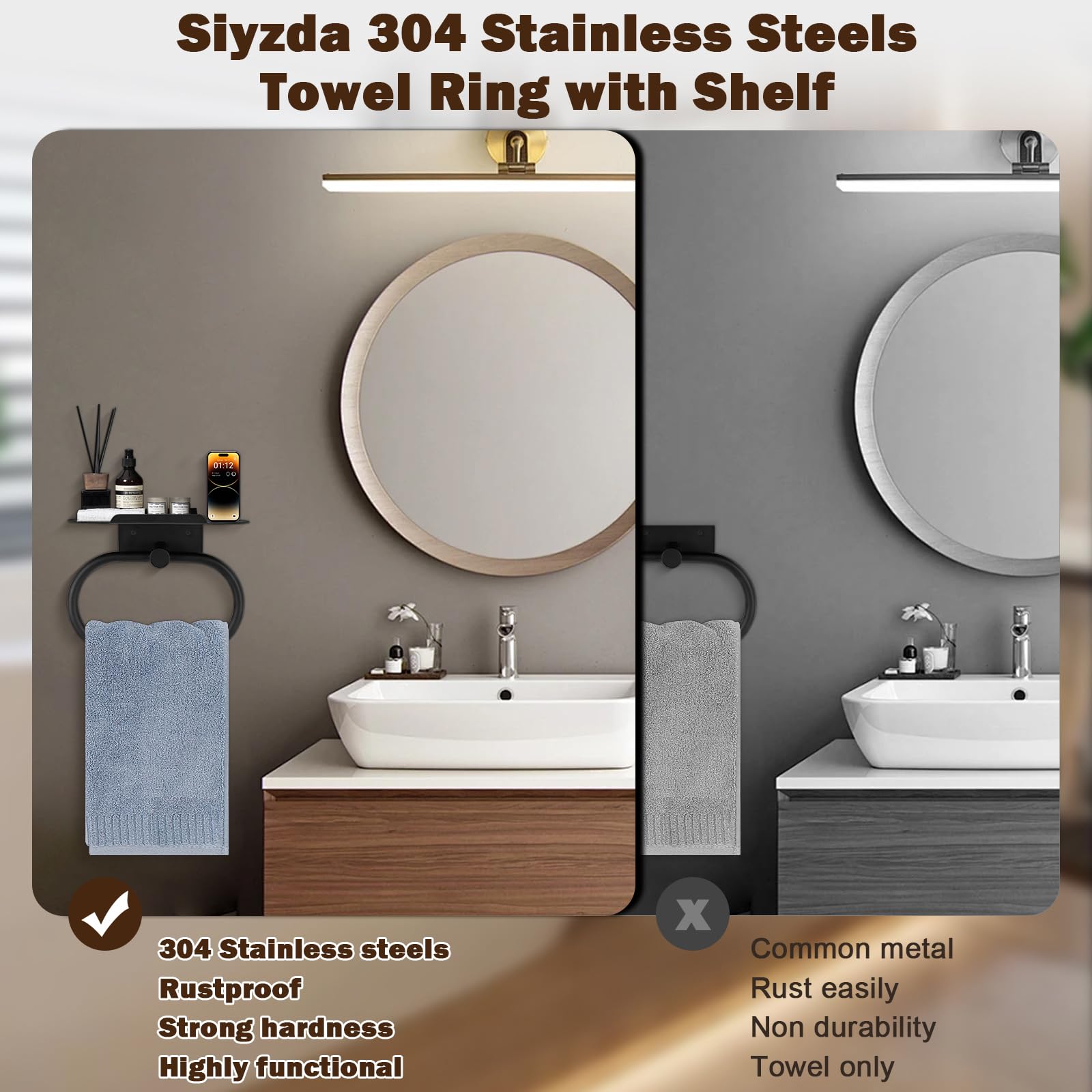 Stainless Steel Hand Towel Ring with Shelf - Matte Black -6 Stainless Steel Hand Towel Ring with Shelf - Matte Black -6