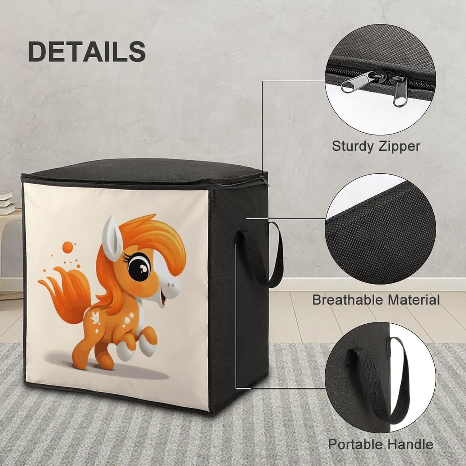 Portable Quilt Storage Bag,Cute Orange Pony Printed Foldable Wardrobe Storage Box Foldable Storage Bag with Lids And Handle Large Clothing Storage Bag for Comforters Clothes Blankets Pillows
