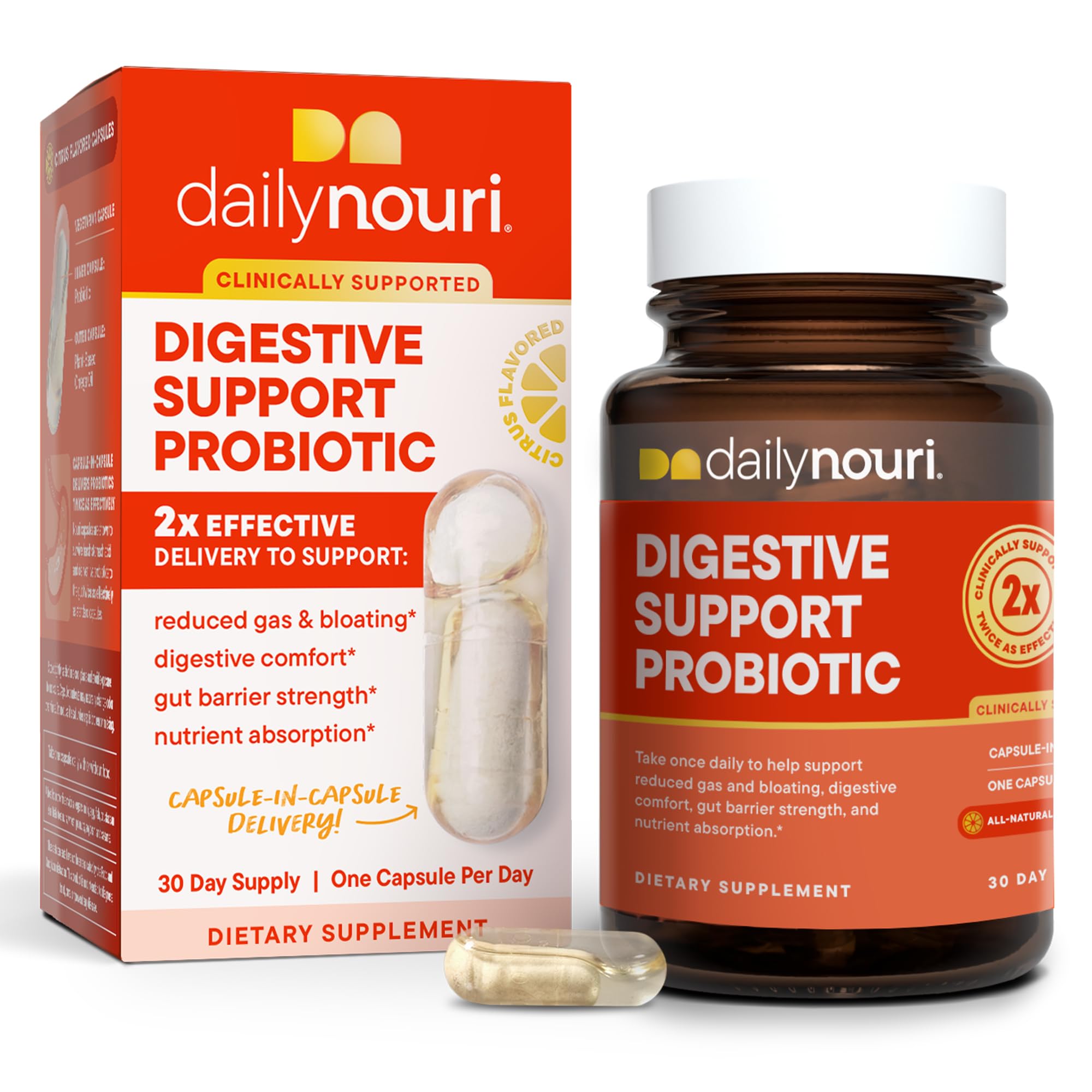 DAILYNOURI Digestive Support Probiotic for Women & Men | Supports Bloating Relief, Digestive Comfort, Gas & Gut Health | 3 Clinically Studied Strains + Vegan Omega Oil | 30-Day Supply