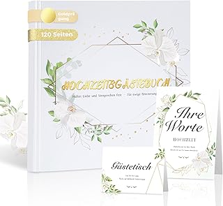 Gästebuch Hochzeit Set, Hardcover Blanko 120 Seiten, Eukalyptus Goldrahmen Design, mit Tischkarte & Willkommenskarte, für Trauung Standesamt & Gartenfeier, 20x20 cm