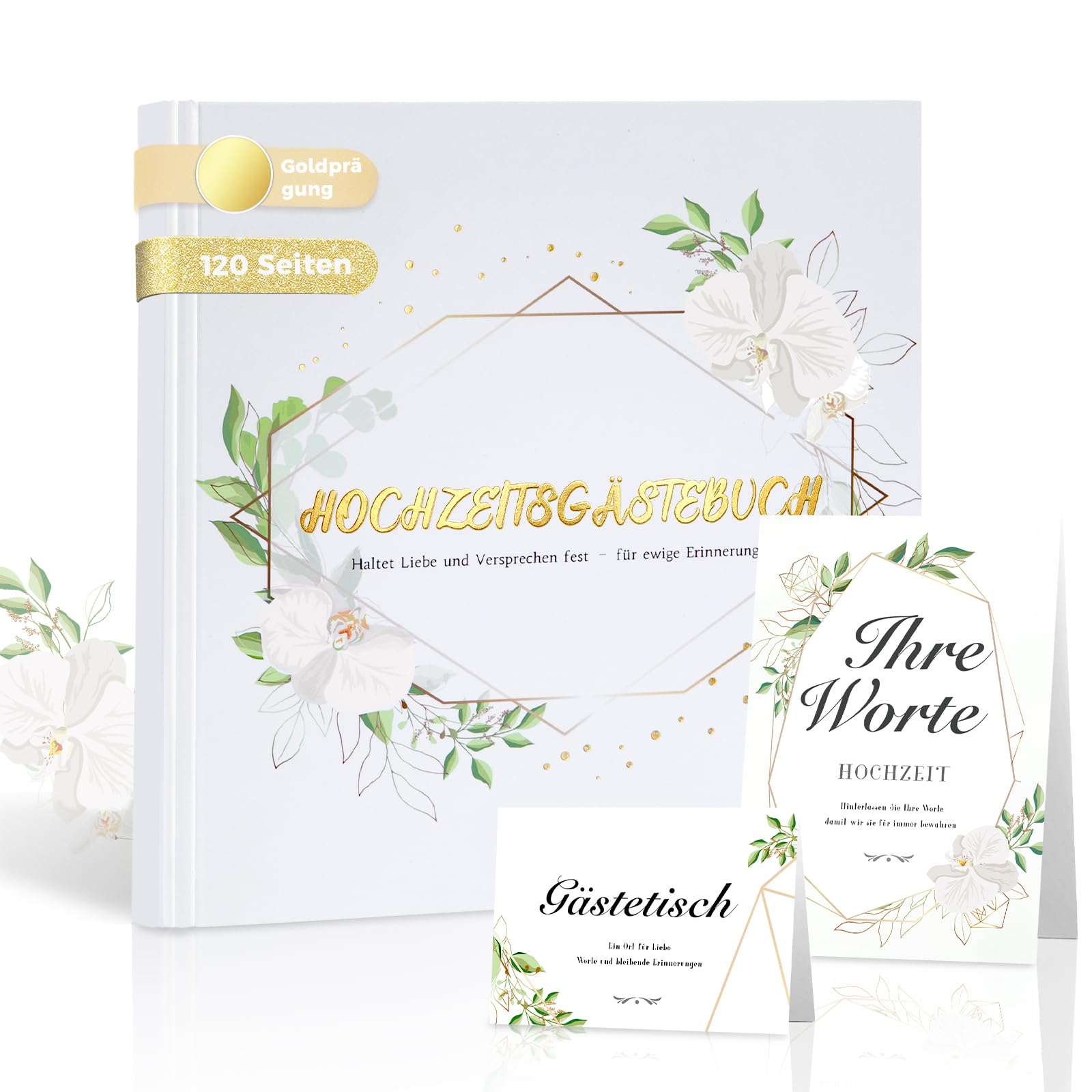 Gästebuch Hochzeit Set 20x20 cm, Hardcover, 120 Blanko Seiten, Eukalyptus | Goldrahmen Design, Tischkarte, Willkommenskarte, Für Trauung, Standesamt Und Gartenfeier