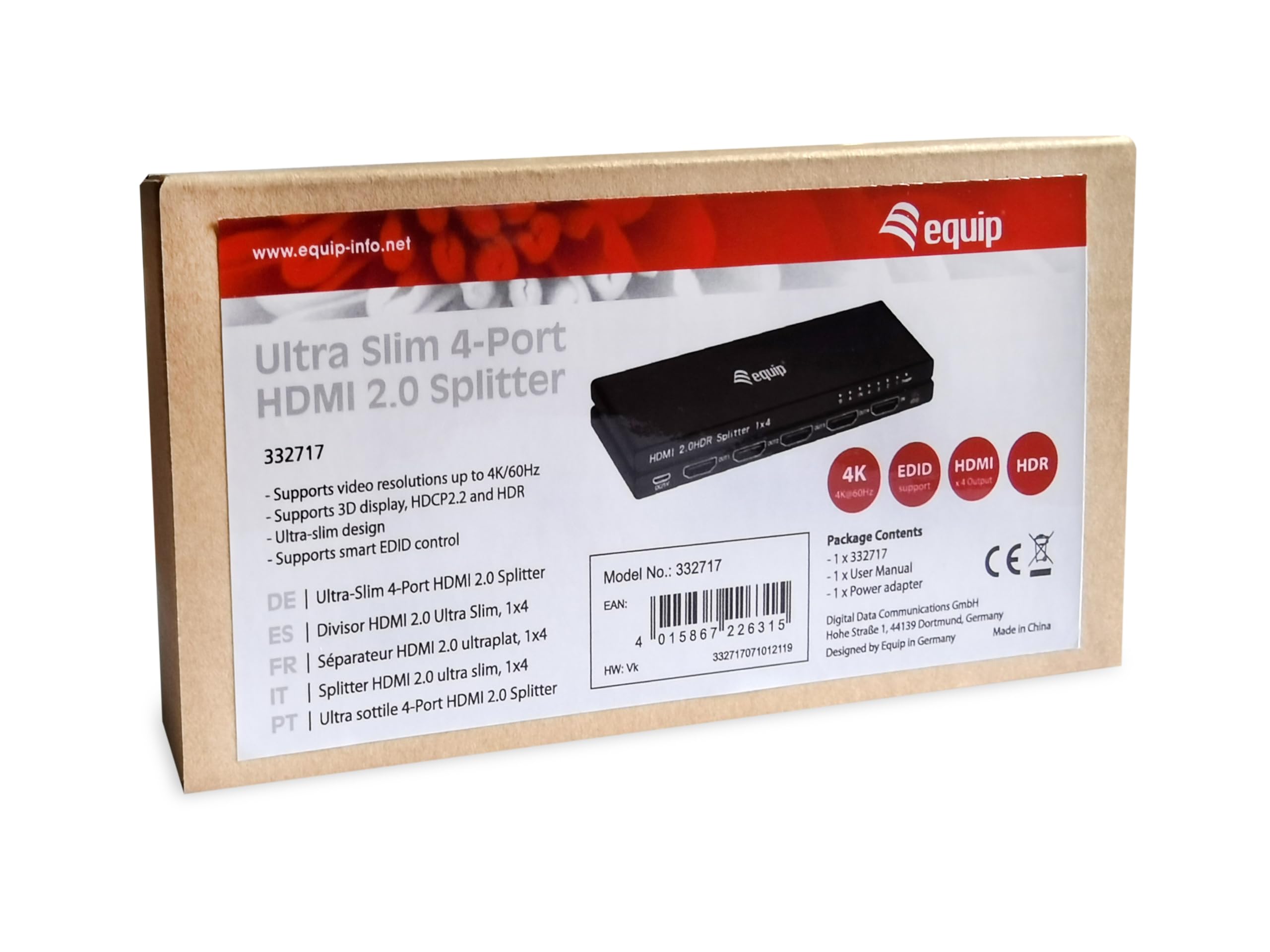 Equip 332717 - Divisor HDMI 2.0 (Ultrafino, 4 Puertos), Color Negro