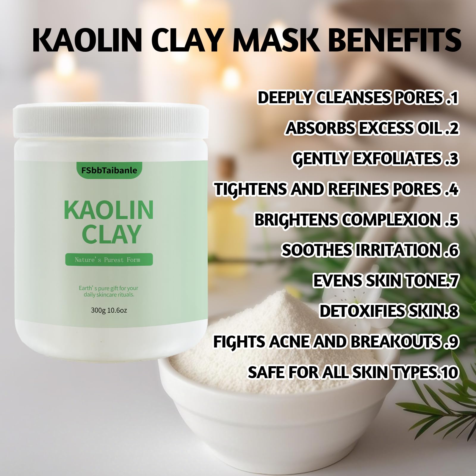 Weißes Kaolin-Tonpulver, 100 % natürlich, ultrafein, kosmetische Qualität, sanfte und glatte Textur für natürliche DIY-Hautreiniger, Masken und Peelings und mehr (300 ml)