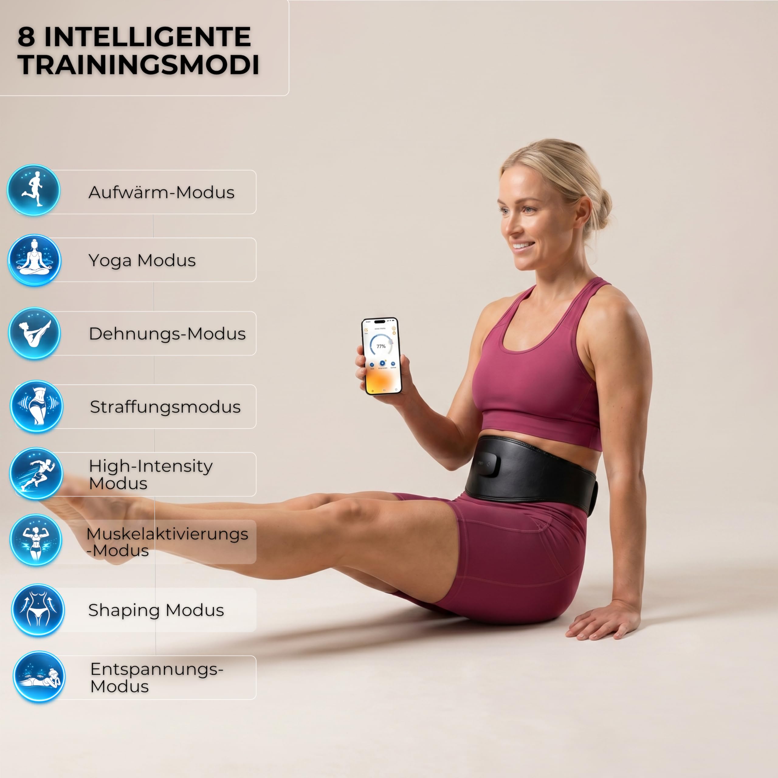Vulpés Core EMS-Gürtel mit App – Bauchtraining & unterer Rücken, kontrollierte Muskelstimulation für effiziente Workouts und Regeneration (6 integrierte Elektroden, 8 Modi)