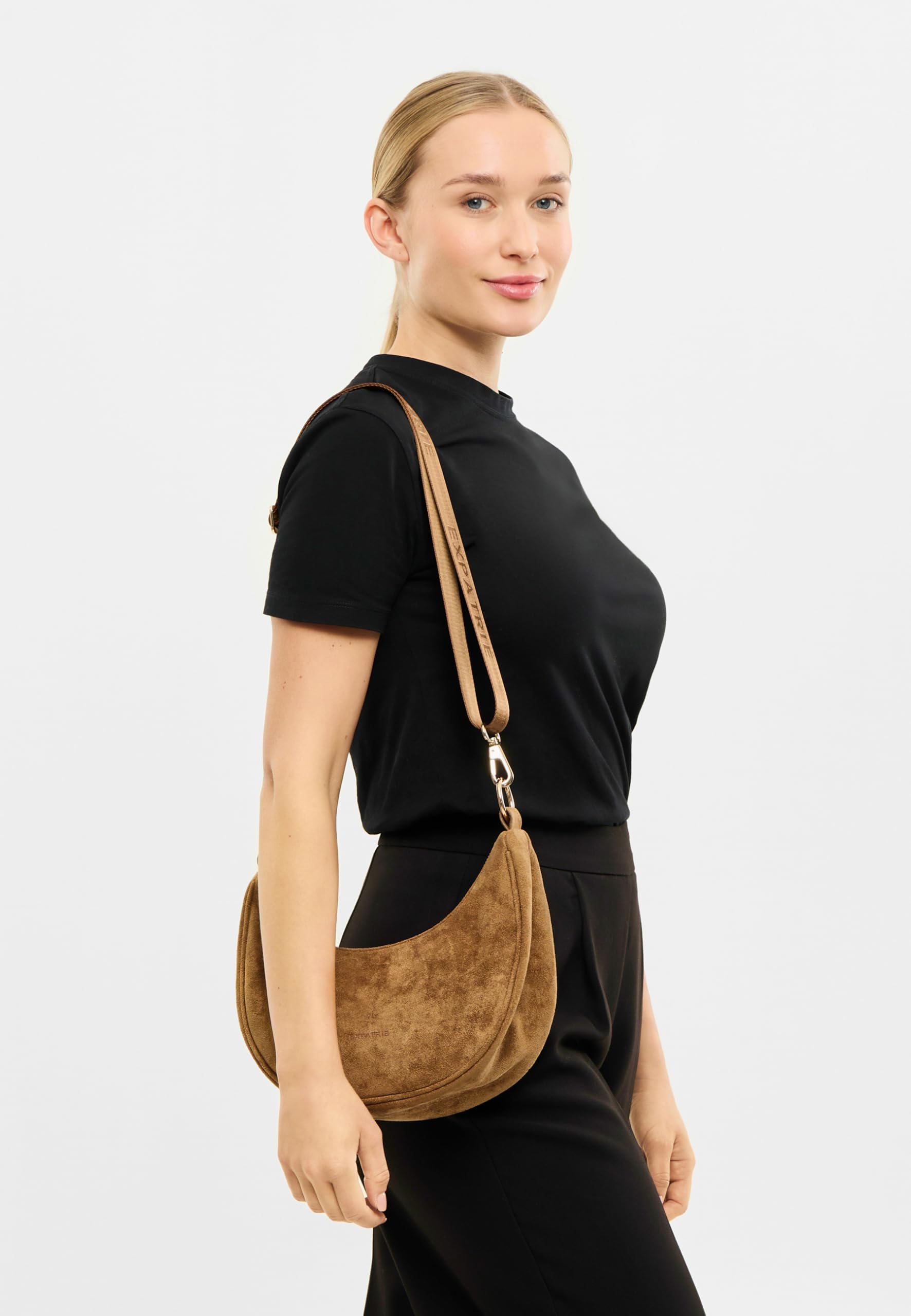 Expatrié Borsa a Tracolla Donna - Lea Small Suede - Borsa a Spalla Mezzaluna - Crossbody Moon Bag - Marsupio Rotonda in Pelle Vegana - Idrorepellente