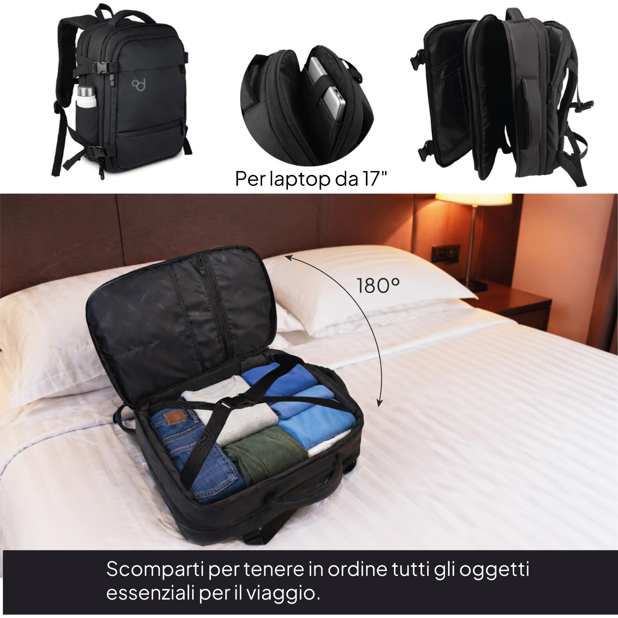 OcioDual Zaino da Viaggio 40x30x20 cm, Bagaglio a Mano Sottosedile, Zaino Cabina con Capienza Regolabile 40x30x17-20 cm, Scomparti Organizzati, Unisex, Nero