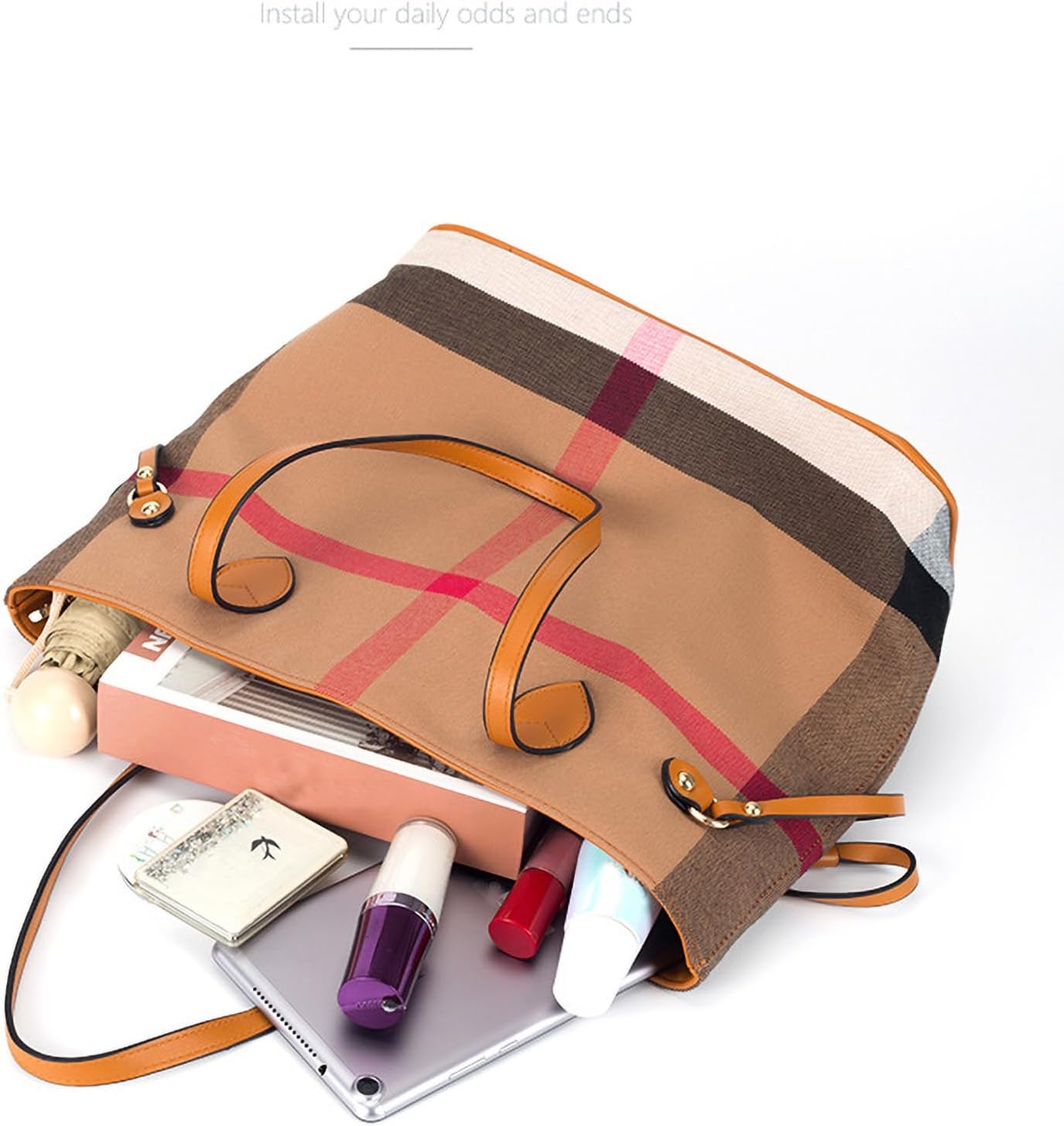 Waiyqju Spacious Large Capacity Luxury Women's Chequered Cross-Body Bag Canvas and Faux Leather Commuter Travel Tote - Image 7