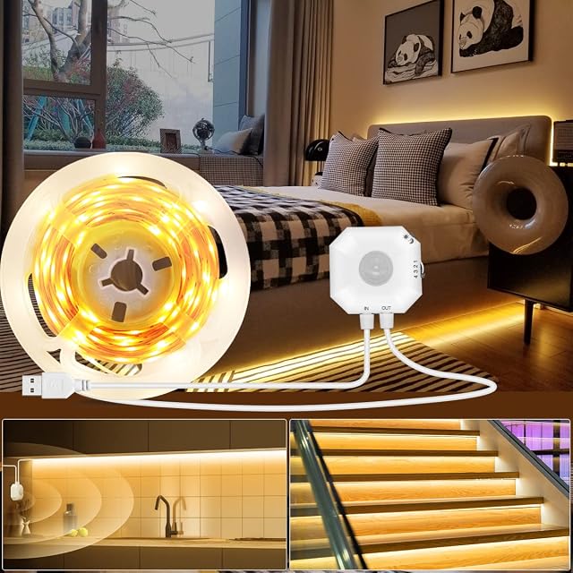 Daymeet Under Cabinet Lights, 3M Motion Activated Under Bed Light LED Strips with Memory Function Motion Sensor Night Light 3000K Warm White Closet Lights for Hallway, Bedroom,Kitchen, Bookshelf