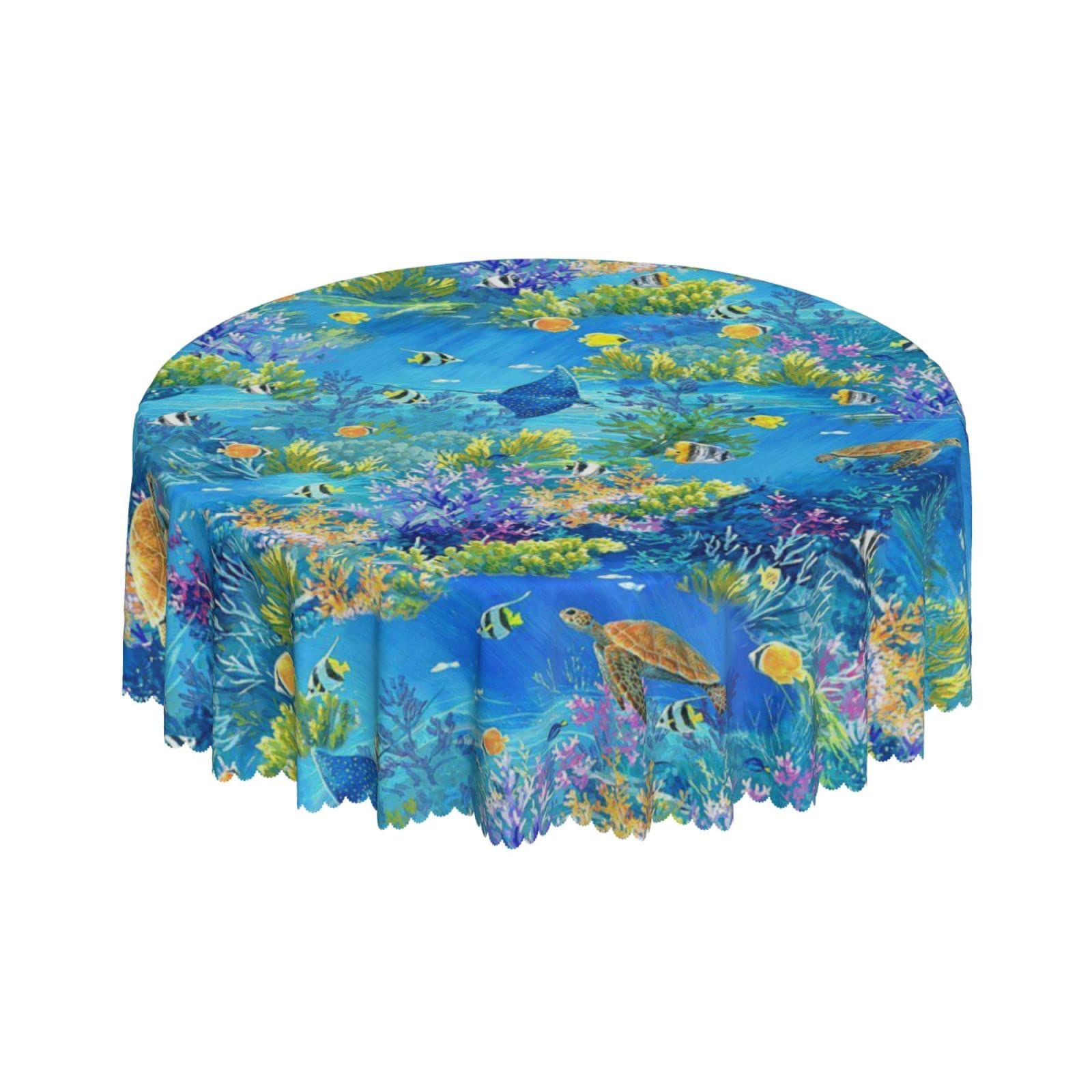 Lsjuee Fish Turtles Multi Coral Round Tablecloth 60 Inch Printed Washable Tablecloth for Dining Party Holiday Fall Home Decorative