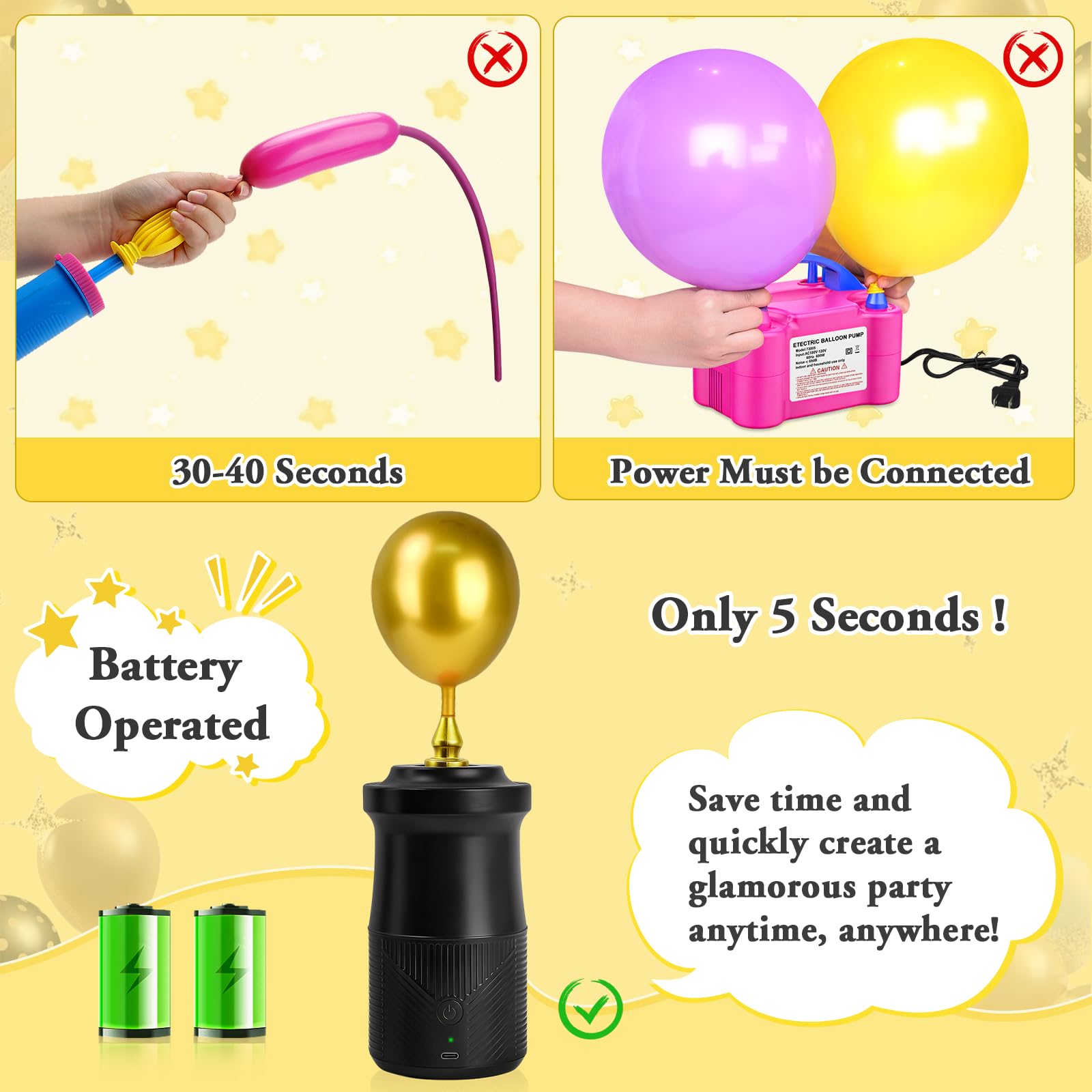 PlusFive Kabellose elektrische Ballonpumpe, Typ-C wiederaufladbare Luftpumpe mit 2000 mAh Akku und 3 Düsen für runde / Folien/260Q lange Luftballons, zum Aufblasen und Staubsaugen, batteriebetriebene