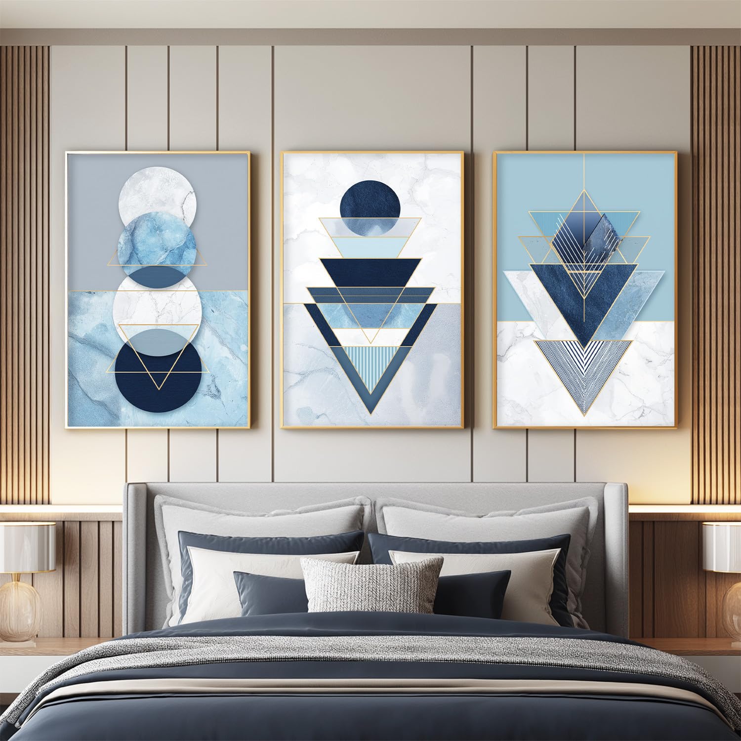 3 sztuki Obraz na płótnie, nowoczesny obraz ścienny do wystroju domu, geometryczna abstrakcyjna tekstura marmuru złota linia niebieska luksusowa, 40 x 60 cm x3