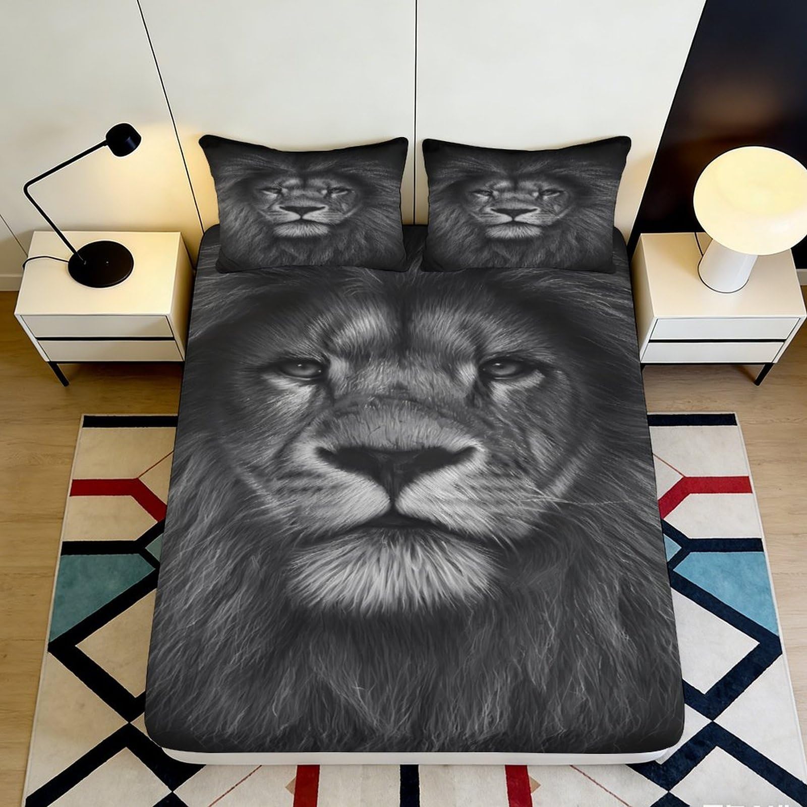 3D Printed Lion Face Fitted Sheet Microfiber Soft Dark Grey Wild Animal Bed Cover for Bedroom Guest Room Decor 90x200x25cm