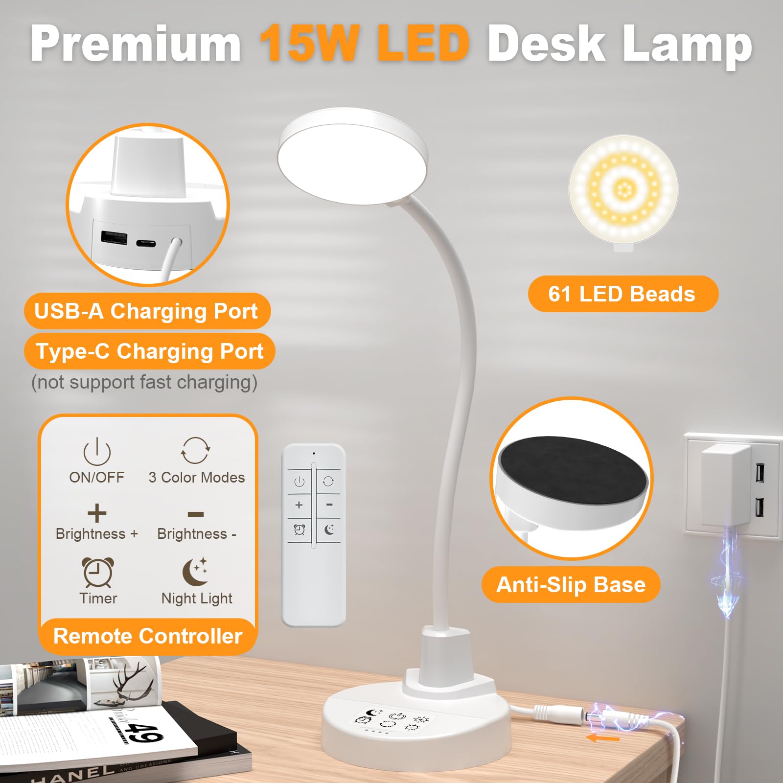 15W LED Desk Lamp with USB Charging Ports, [Button & Remote Control] Dimmable Table Lamp with 3 Color Modes, 5 Brightness Levels, 4 Timers, Flexible Reading Light for Home Office, Bedroom, Kids Study view 9