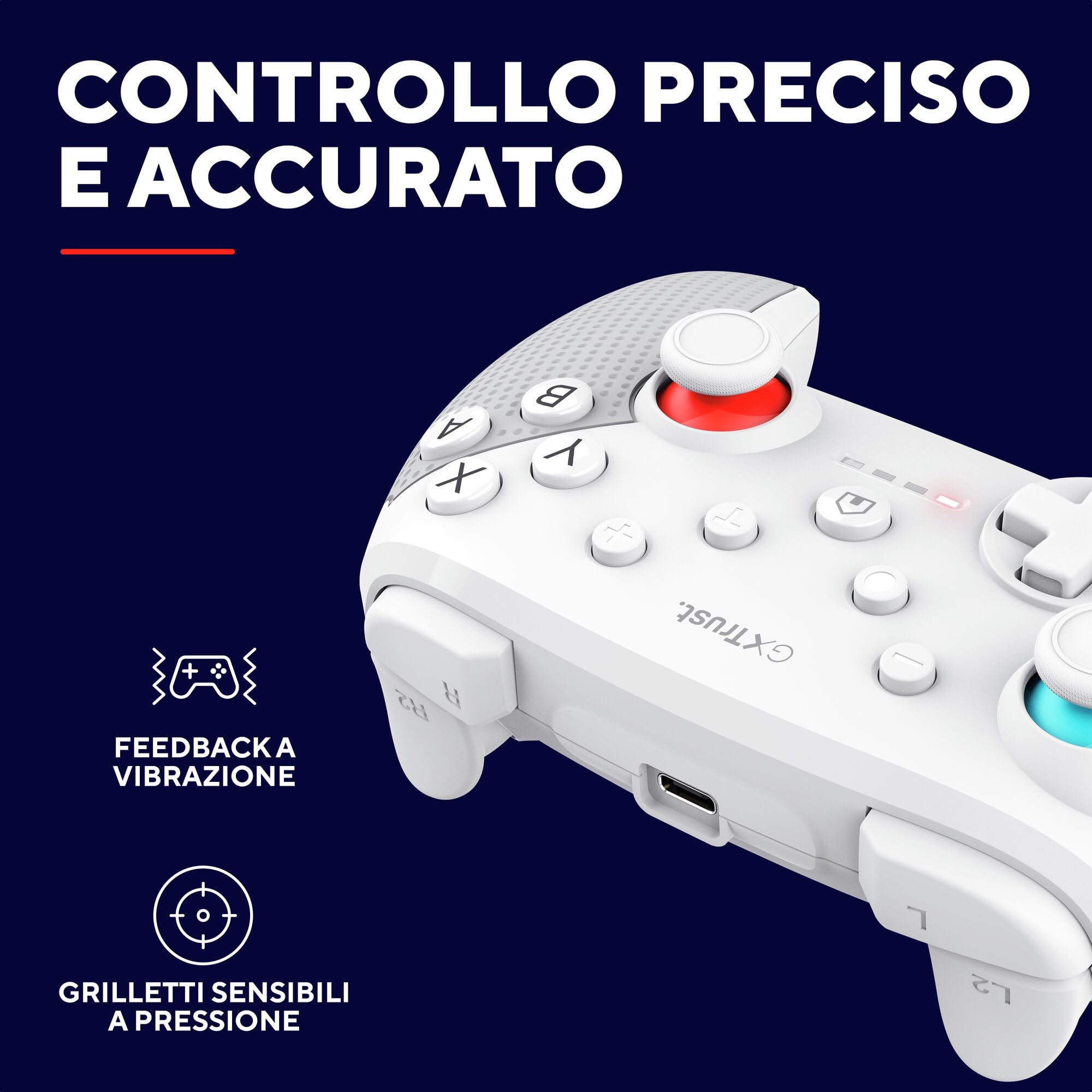 GXTrust 1246W Muta Controller Nintendo Switch Wireless con Bluetooth, Vibrazione Dual Shock, Sensore di Movimento, Pulsante Turbo, 15h di Gioco, Gamepad per Nintendo Switch, Lite, OLED, Bianco