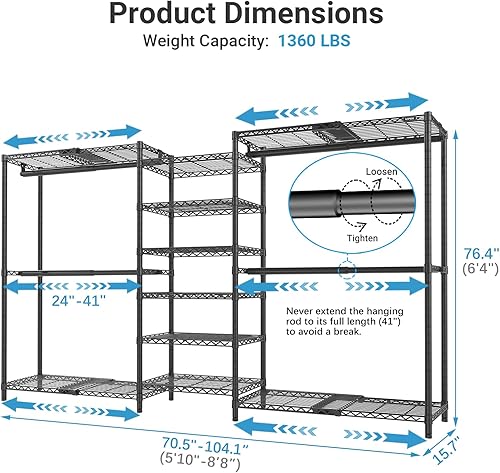 Miniatura 5 de VIPEK X3 Plus Perchero de Armario Grande Expandible Ajustable de 5 pies 10 pulgadas a 8 pies 8 pulgadas con Estantes Extensibles y Barras
