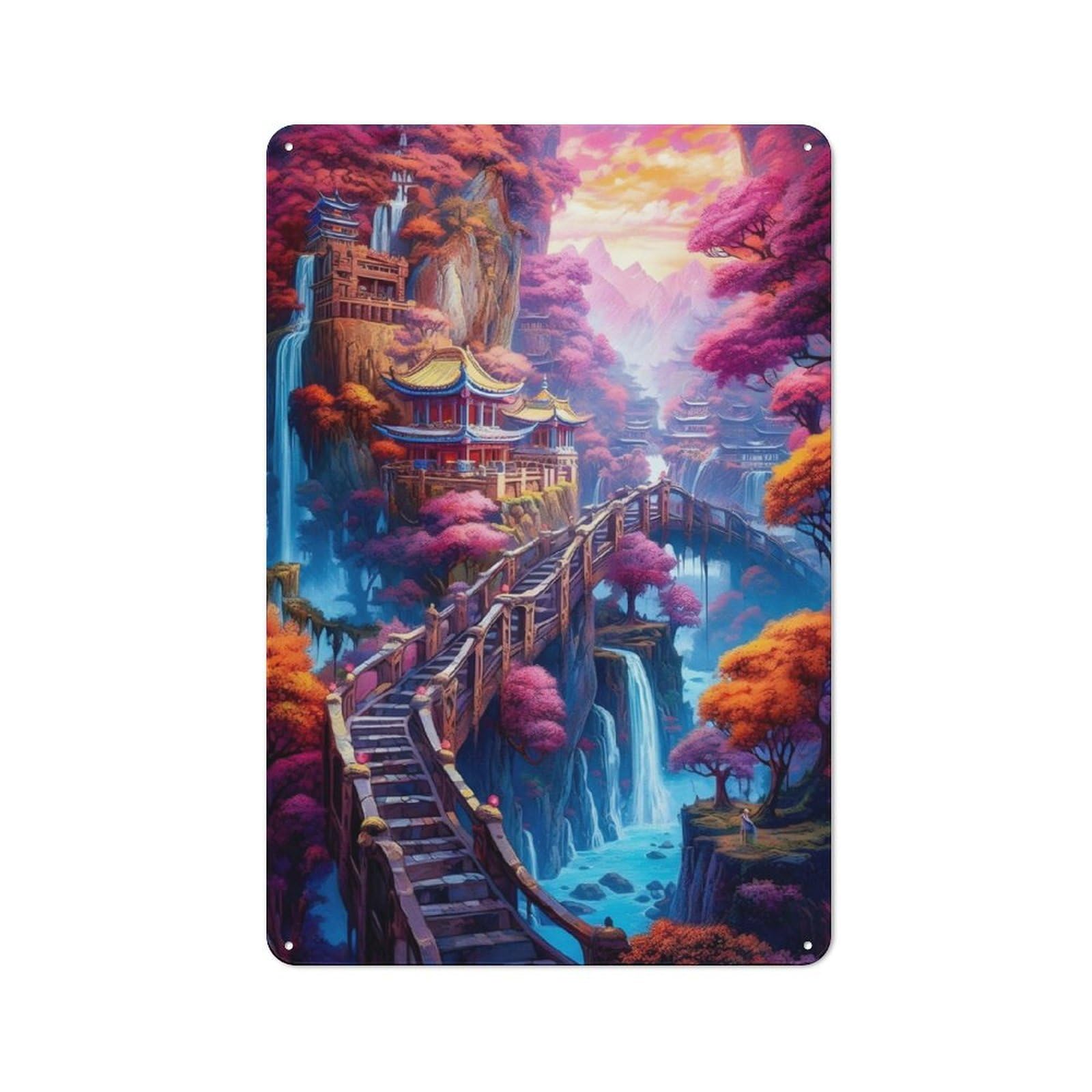 Junmoney Fantasy Village Cliff Retro Metal Wall Sign 30X20cm For Guest Room Or Hallway, New-Space Wall Decor For Home Decor Collectors