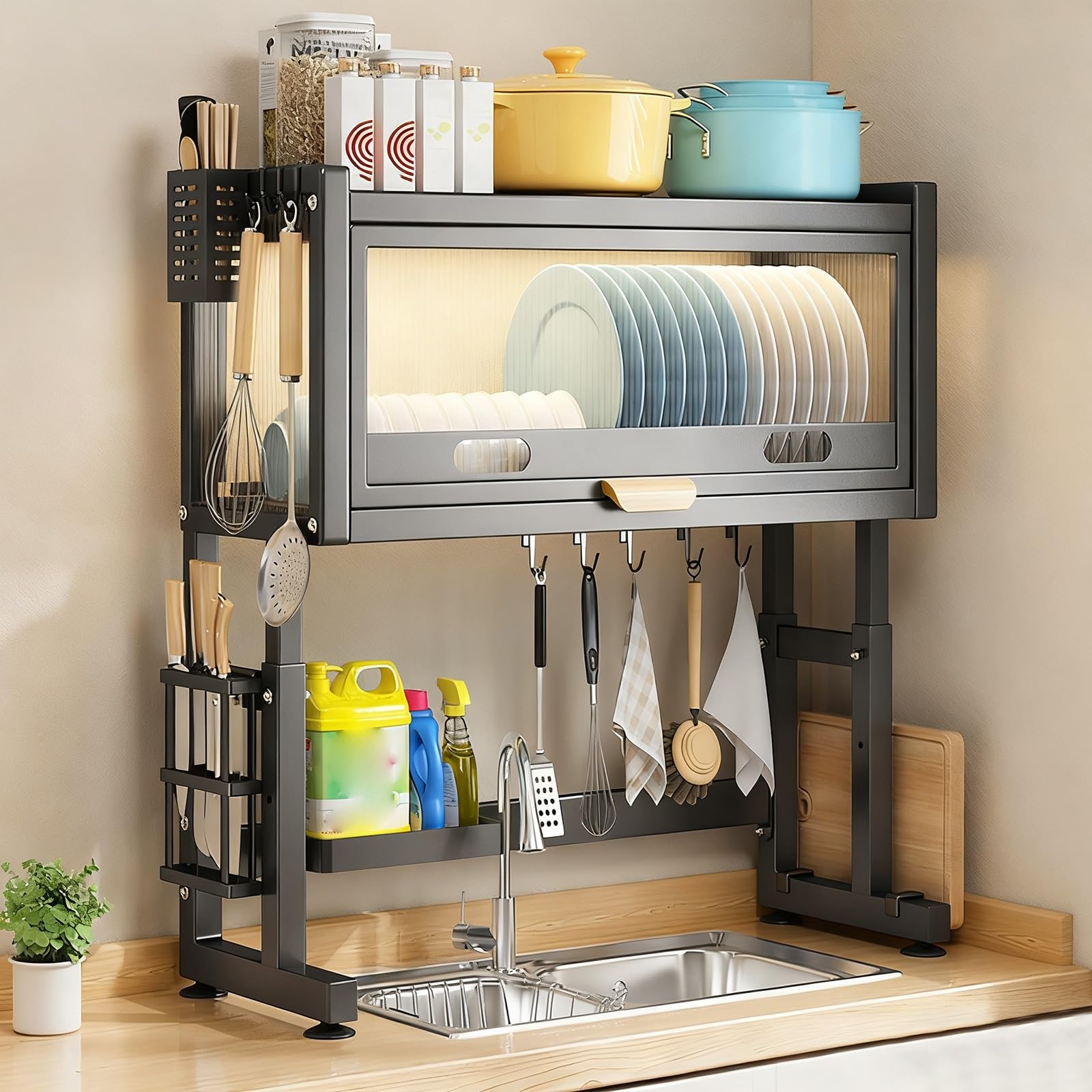 CAFIEDR Over The Sink Dish Drying Rack, Large Kitchen Drainer With Lid, Space-Saving Countertop Organizer For Glasses, Bowls, Cutlery - Easy To Clean.Black-65cm/25.6in
