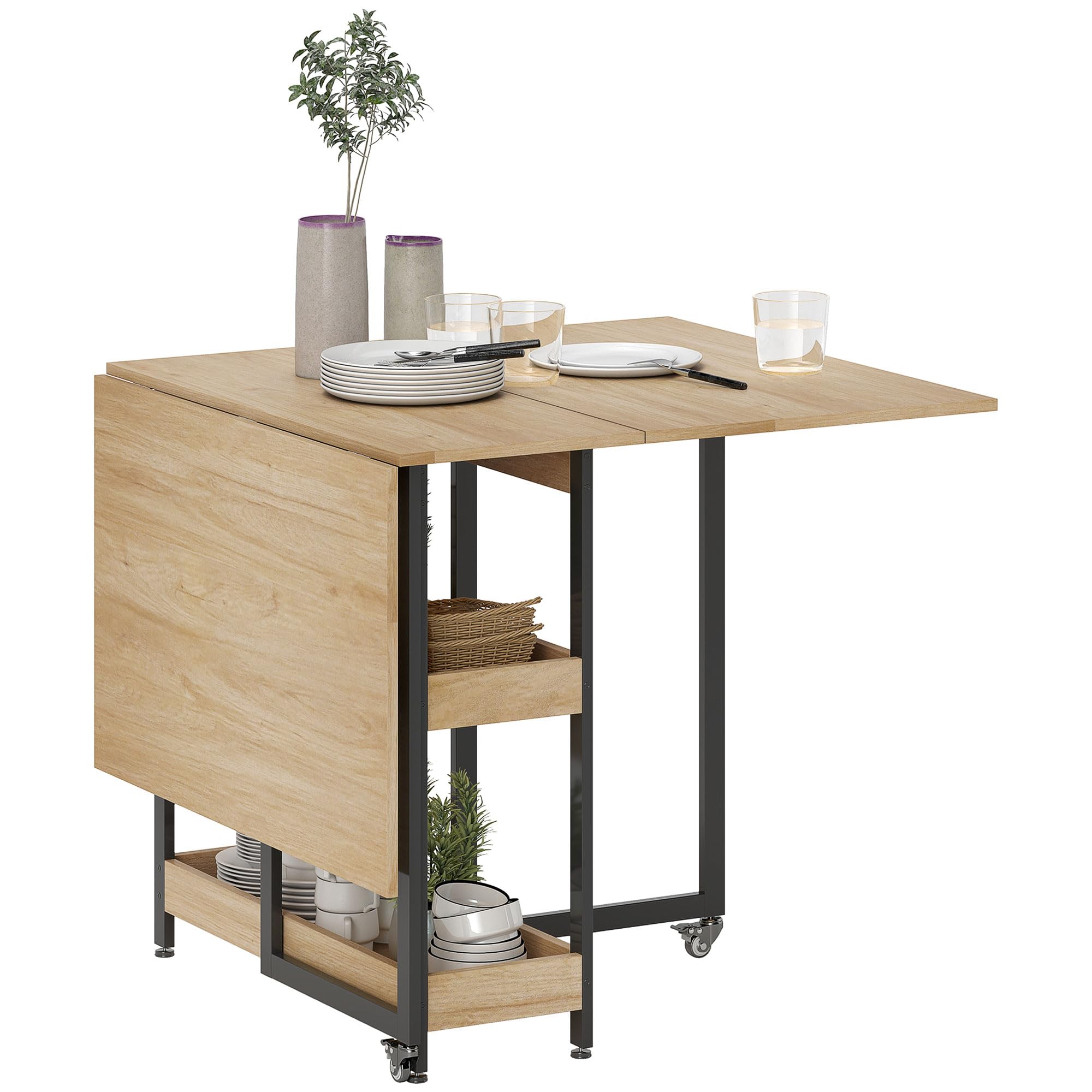 HOMCOM Table à Manger Pliante, Table Pliante Cuisine rectangulaire Extensible sur roulettes jusqu'à 4 Personnes avec Compartiments Ouverts, pour Petits espaces, Salle à Manger, chêne