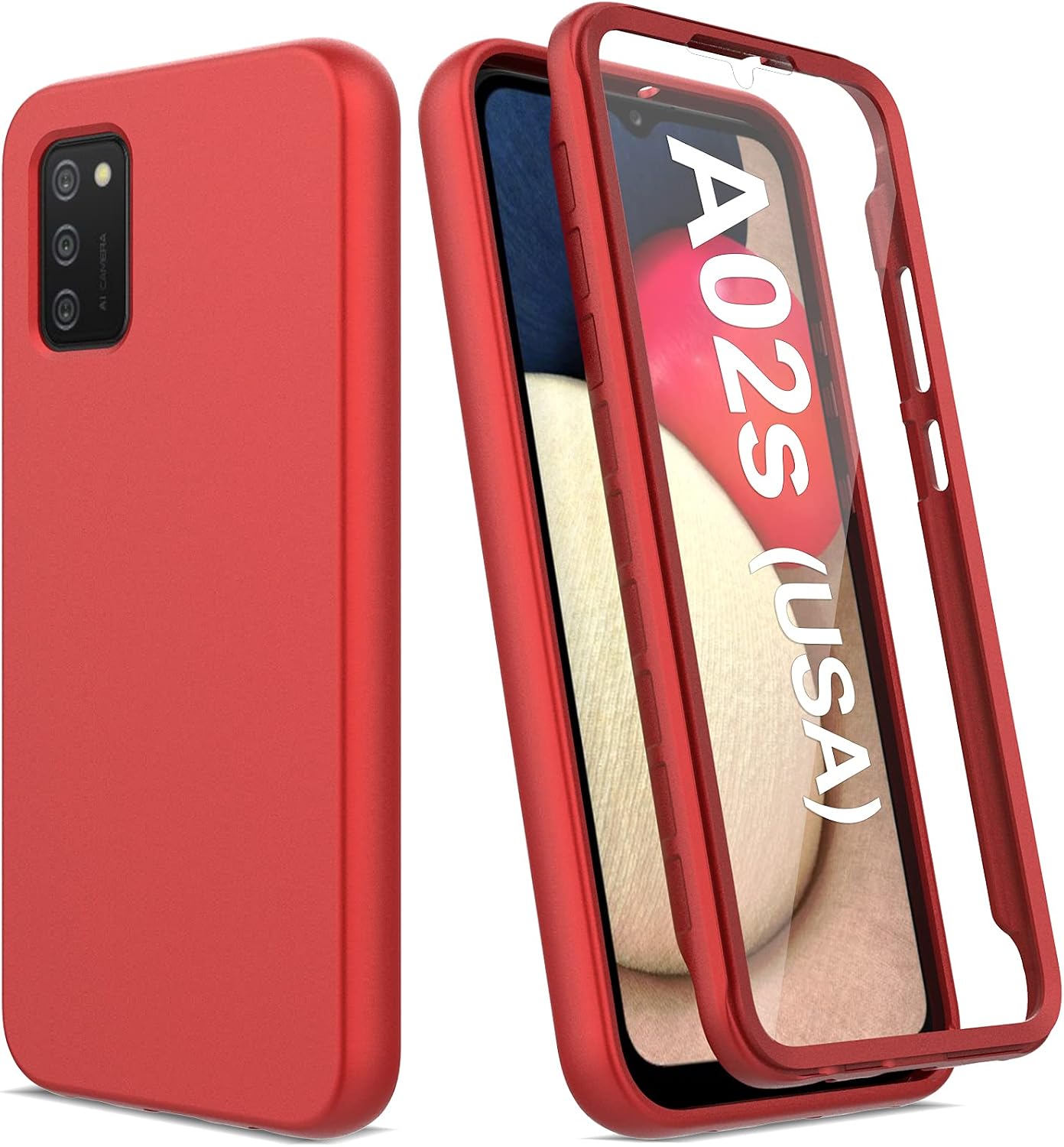 V/A for Samsung Galaxy A02s Case with Built-in Screen Protector, Full Body Protection Shockproof Cover Case, [Rugged PC Front Bumper + Soft TPU Back Cover] Armor Protective Phone Case (Red)
