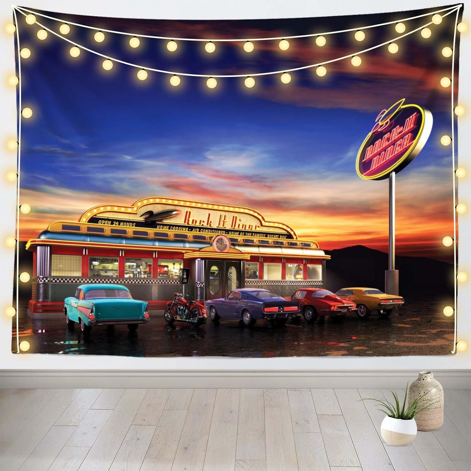 Loccor Retro American Diner Tapestry Vintage 50s Diner on Route 66 with Neon and Classic Car Sunset Sky Tapestry 1950s Theme Party Decorations Home Wall Decor W140 x H118 Inches