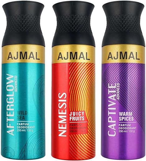 Ajmal Afterglow Advanced, Captivate Advanced, Nemesis Deodorant Body Spray Perfume 200ml Each Fragrance Gift for Men and Women