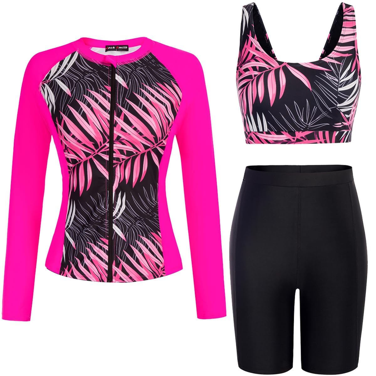 JACK SMITH Women's 3 Piece Long Sleeve Rash Guard Swimsuits Zip Front Bathing Suit Tankini Swimsuits UPF 50