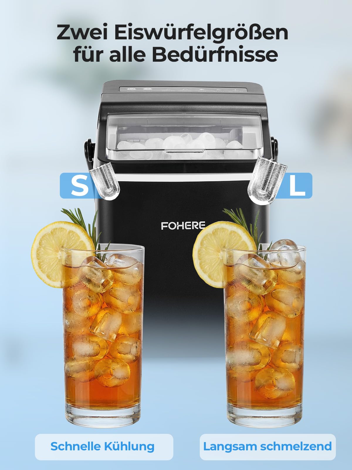 FOHERE Eiswürfelmaschine 14kg/24Std 9 Bullet Eiswürfel in 5 Minuten 2 Größen Selbstreinigend Tragbar