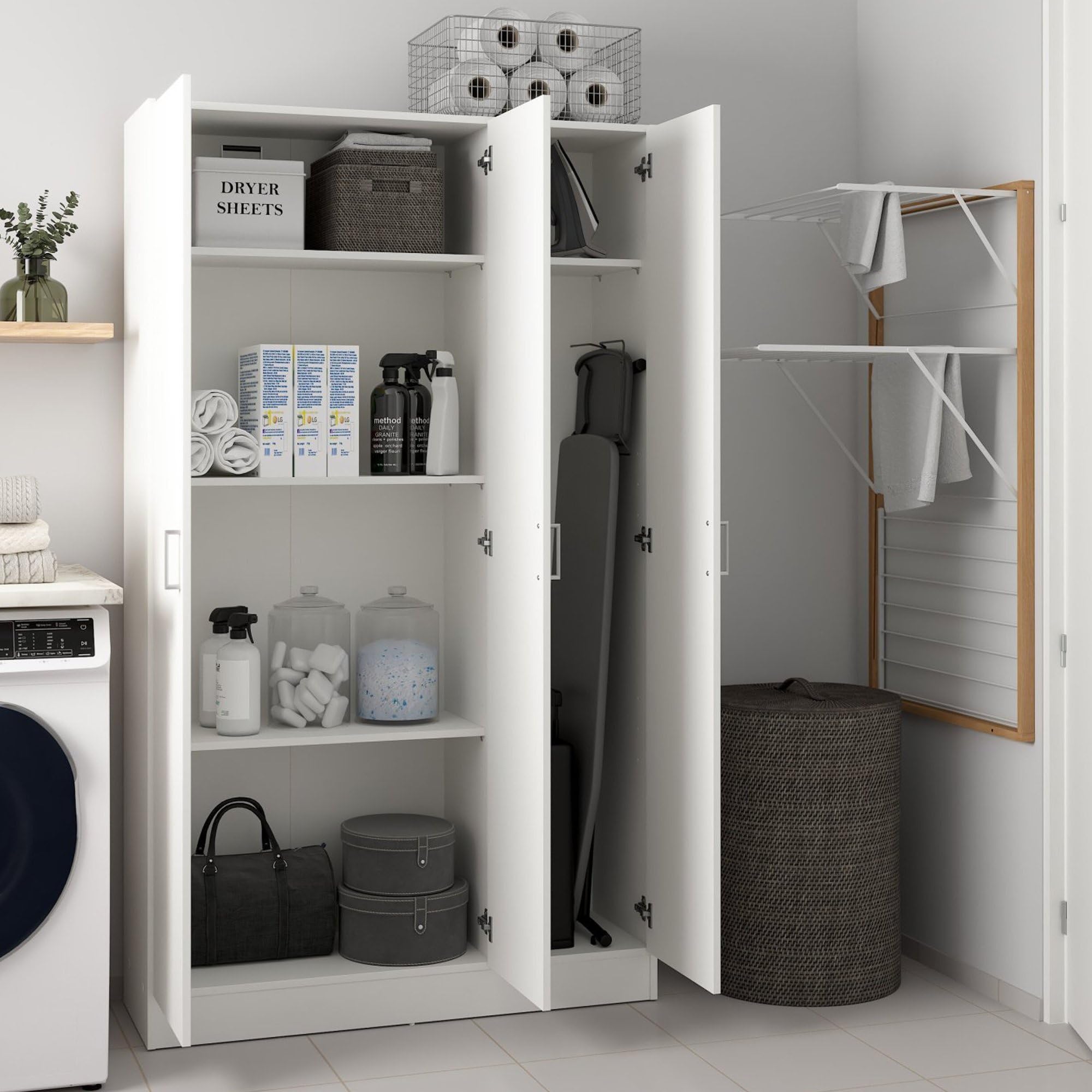 Dmora - Armadio multiuso grande Beaumont, Guardaroba ausiliario a 3 ante, Scarpiera con ripiani, Mobile porta scope, 109x37h180 cm, Bianco