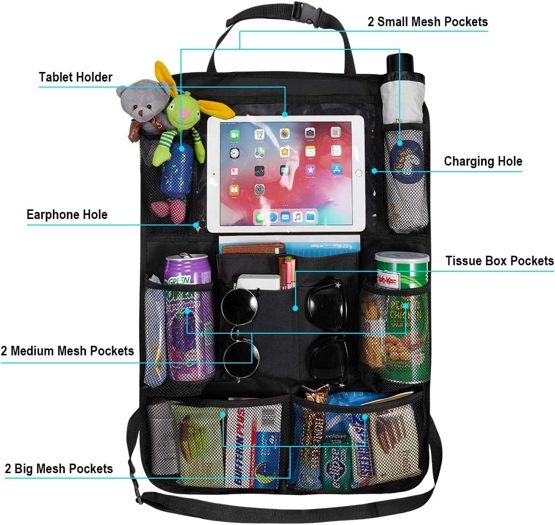 Reserwa Car Backseat Organizer x2 Kick Mats BackSeat Storage Bag with Clear Screen Tablet Holder, 9 Storage Pockets Seat Back Protectors with USB Headphone Slits for Toys Drinks Books Pens : Automotive