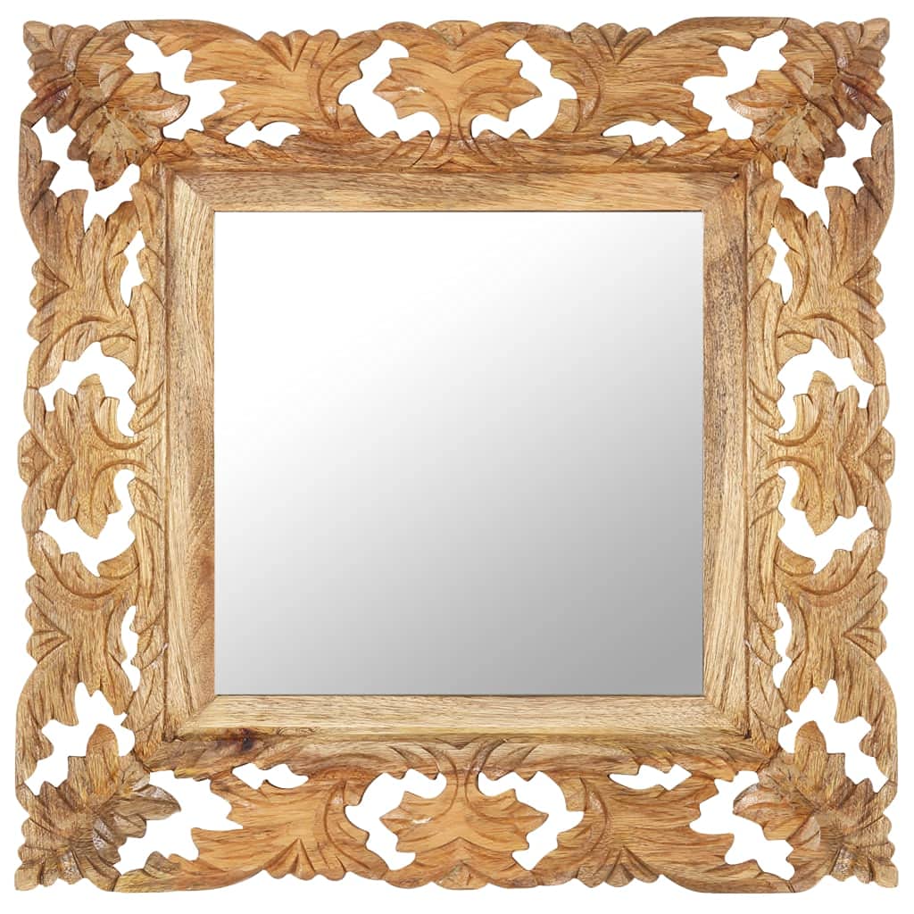 Handgeschnitzter Wandspiegel aus massivem Mangoholz braun 50 x 50 cm, mit Spiegelrahmen für Flur Bad Schlafzimmer, Deko Unikat für Kosmetik und Rasur
