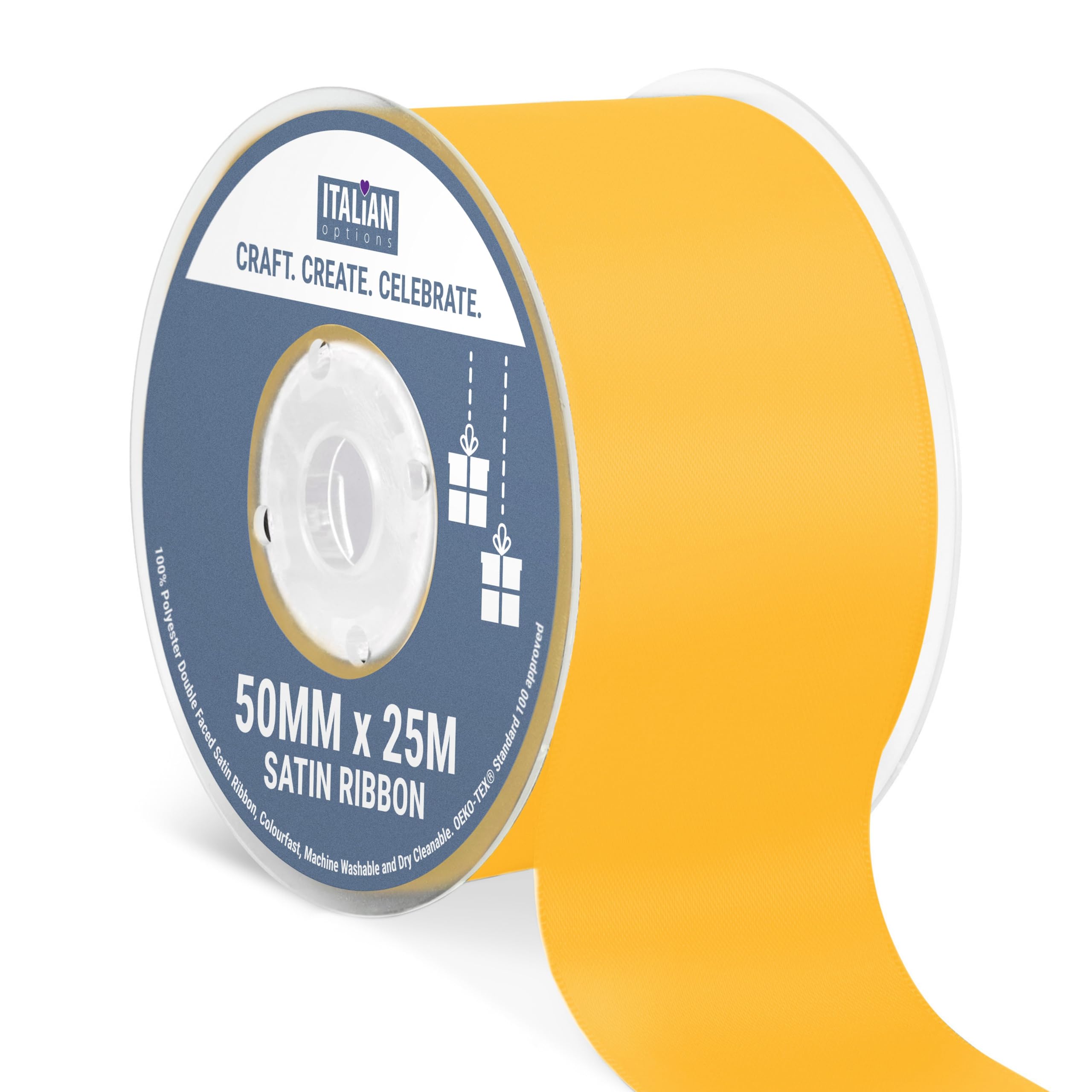 Italian Options Satin Ribbon, Fabric Ribbons for Gift Wrapping, Crafting, Balloons, Wedding Car, Presents, Cake, Christmas, Birthday, Gift Wrap Accessories, 10mm Wide x 25 Metre Roll, Lemon — view 190