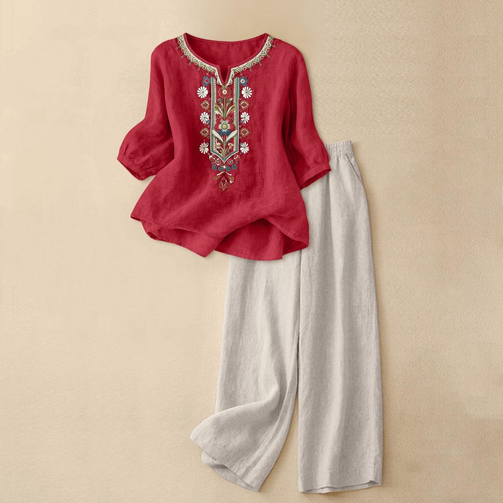 2 Piezas Conjunto Mujer Casual Elegante Verano Lino Y Algodón Conjunto Deportivo Blusa Y Pantalones Talla Grande Chandal Completo Holgado Loungewear Manga 3/4 Cintura Alta Trabajo Playa Vacaciones
