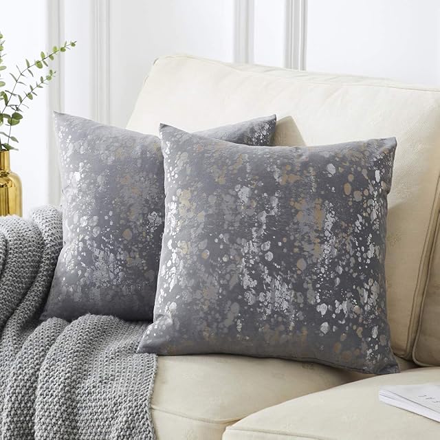 OMMATO Velvet Grey Cushion Covers 50cm x 50cm Square Silver Gold Print Decorative Throw Pillowcases 20 x 20 inch for Sofa Bedroom Living Room Pack of 2