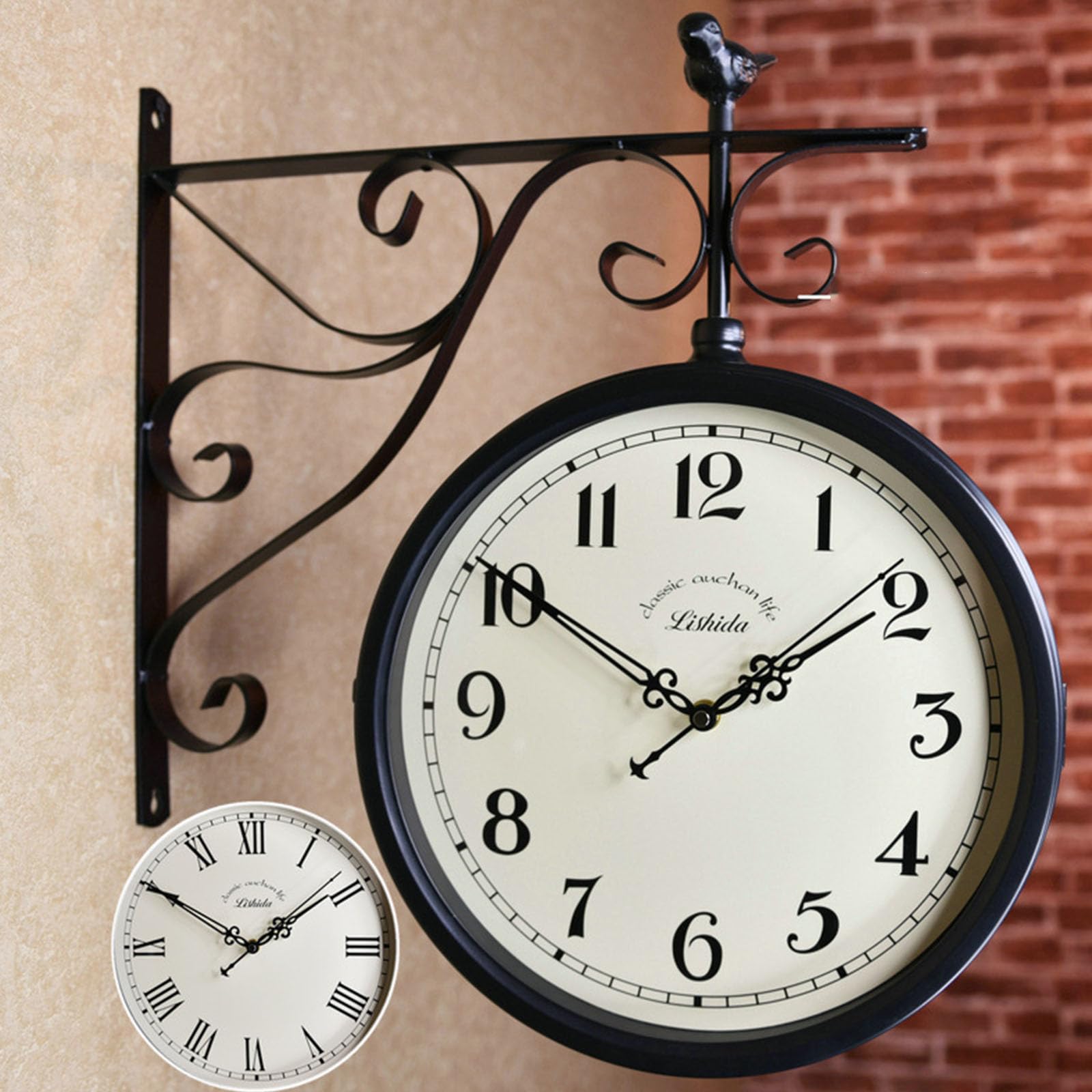 Double Sided Industrial Clocks - Outdoor Garden Wall Mounted Clock, Vintage Train Station Clock with Station Bracket for 360°Rotation, Wrought Iron Hanging Clock