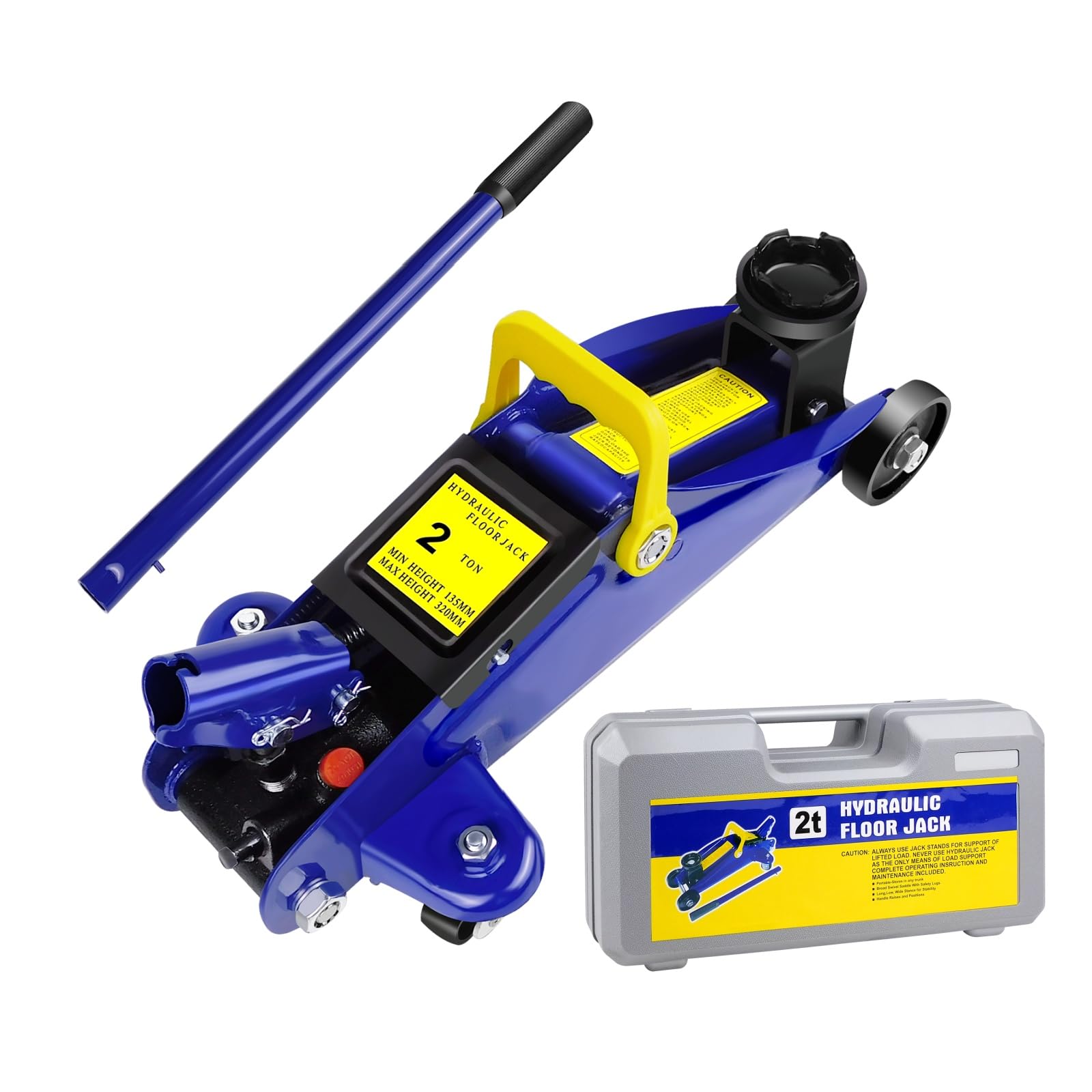 Cric idraulico professionale a carrello da 2 tonnellate, a basso profilo, in acciaio resistente, per auto, SUV e camion leggeri, portata di sollevamento da 135 mm a 320 mm, con manico antiscivolo e