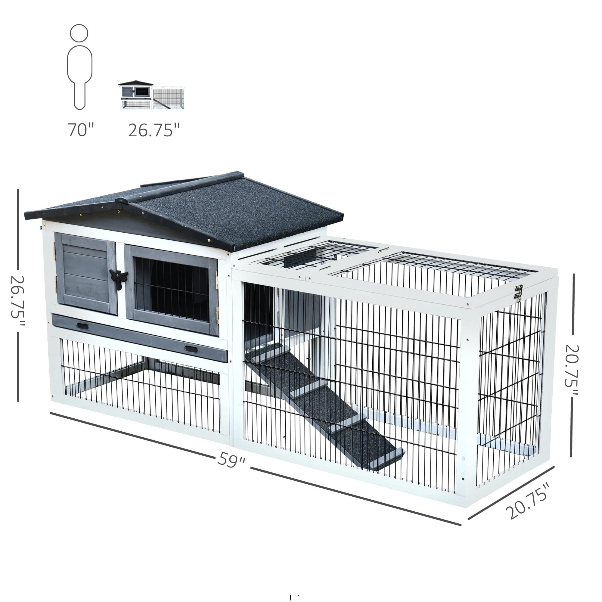 PawHut 2 Levels Wooden Rabbit Hutch Bunny Hutch House Guinea Pig Cage with Run Space, Removable