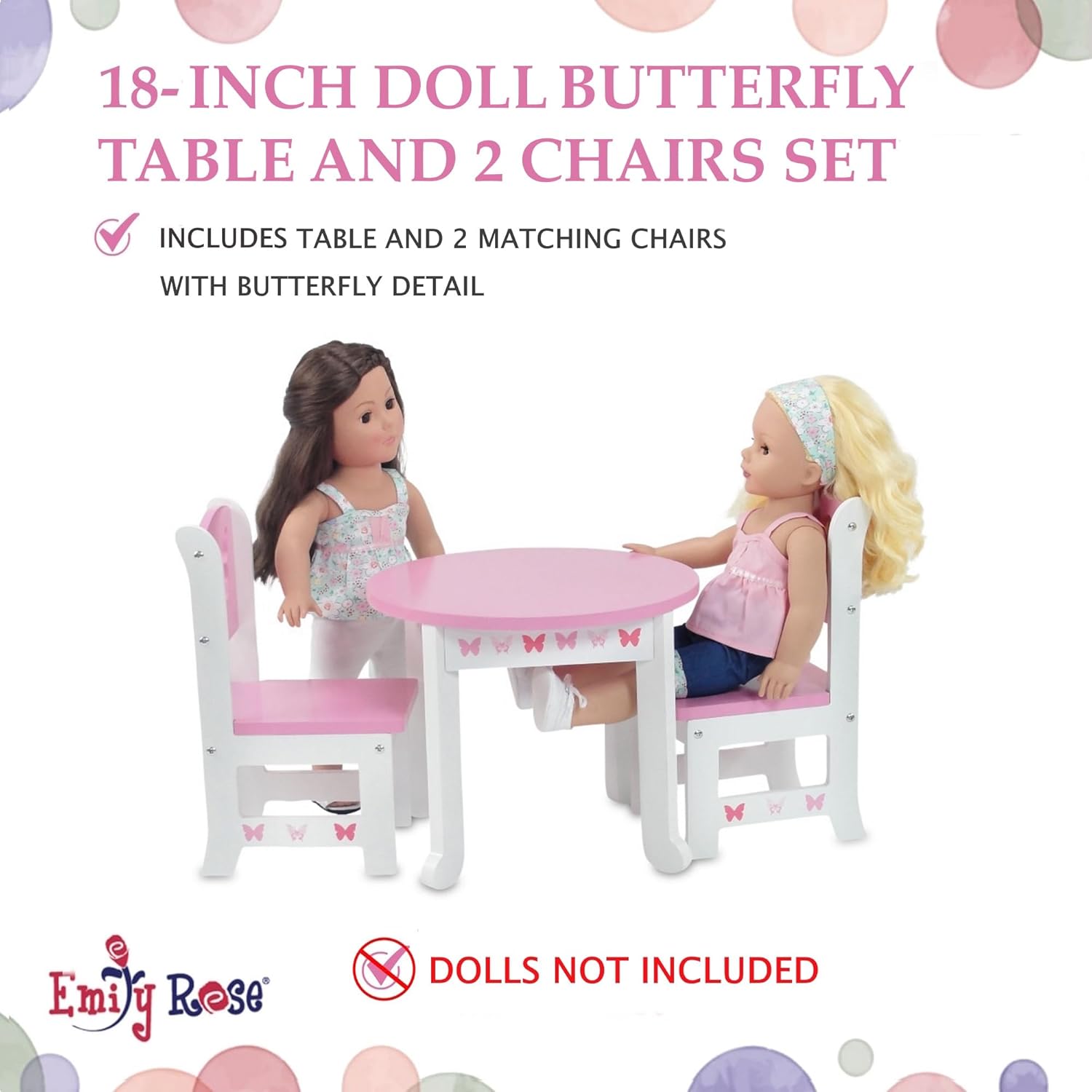 Emily Rose 18 Inch Doll Dining Table and 2 Chairs Set - Pink Butterfly Collection - Compatible with American Girl, Our Generation, My Life As & Adora - Wooden Dollhouse Furniture