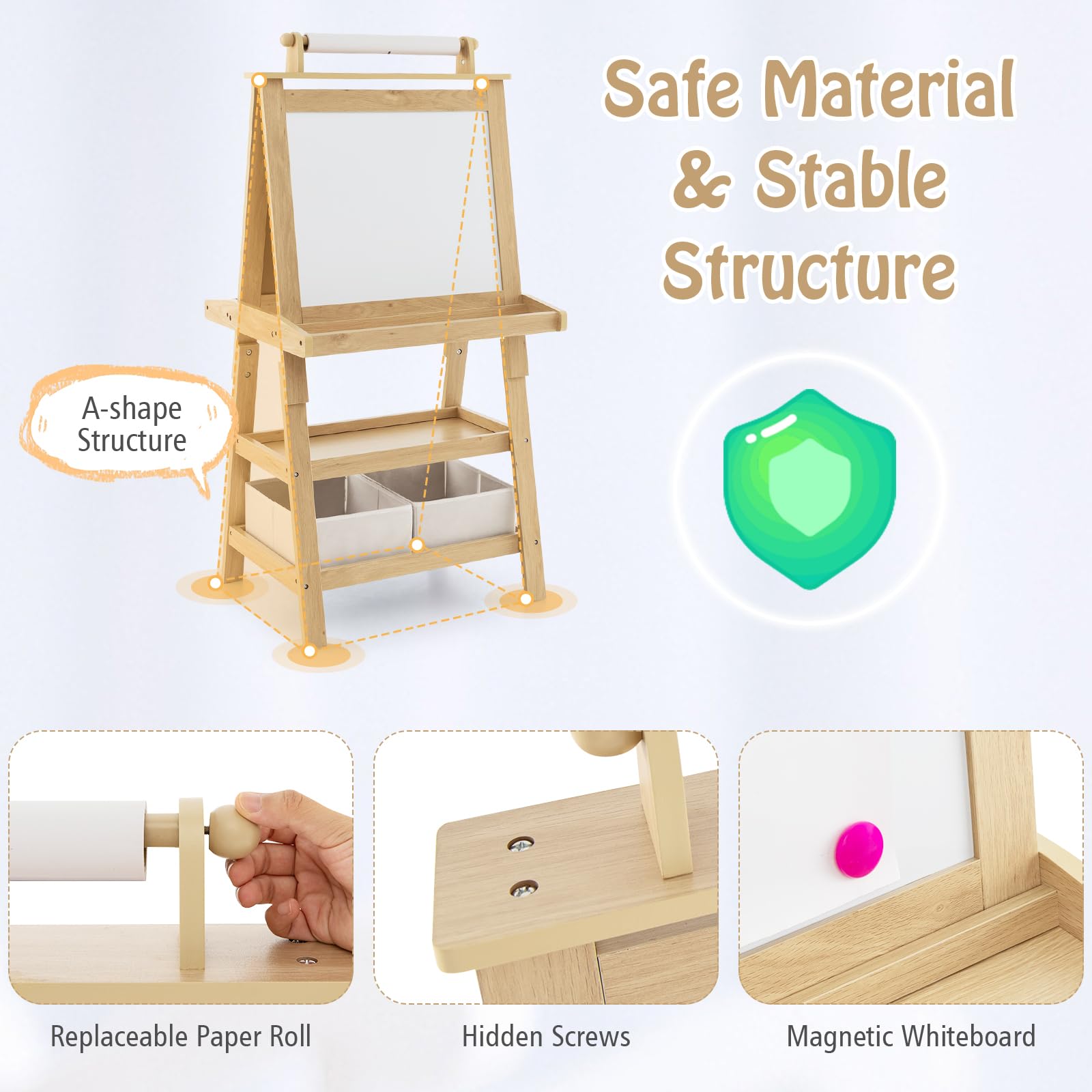 LIFEZEAL Pizarra infantil 3 en 1 con 2 caras (Natural) | Caballete infantil con pizarra blanca, rollo de papel, mesa magnética y 2 niveles de almacenamiento
