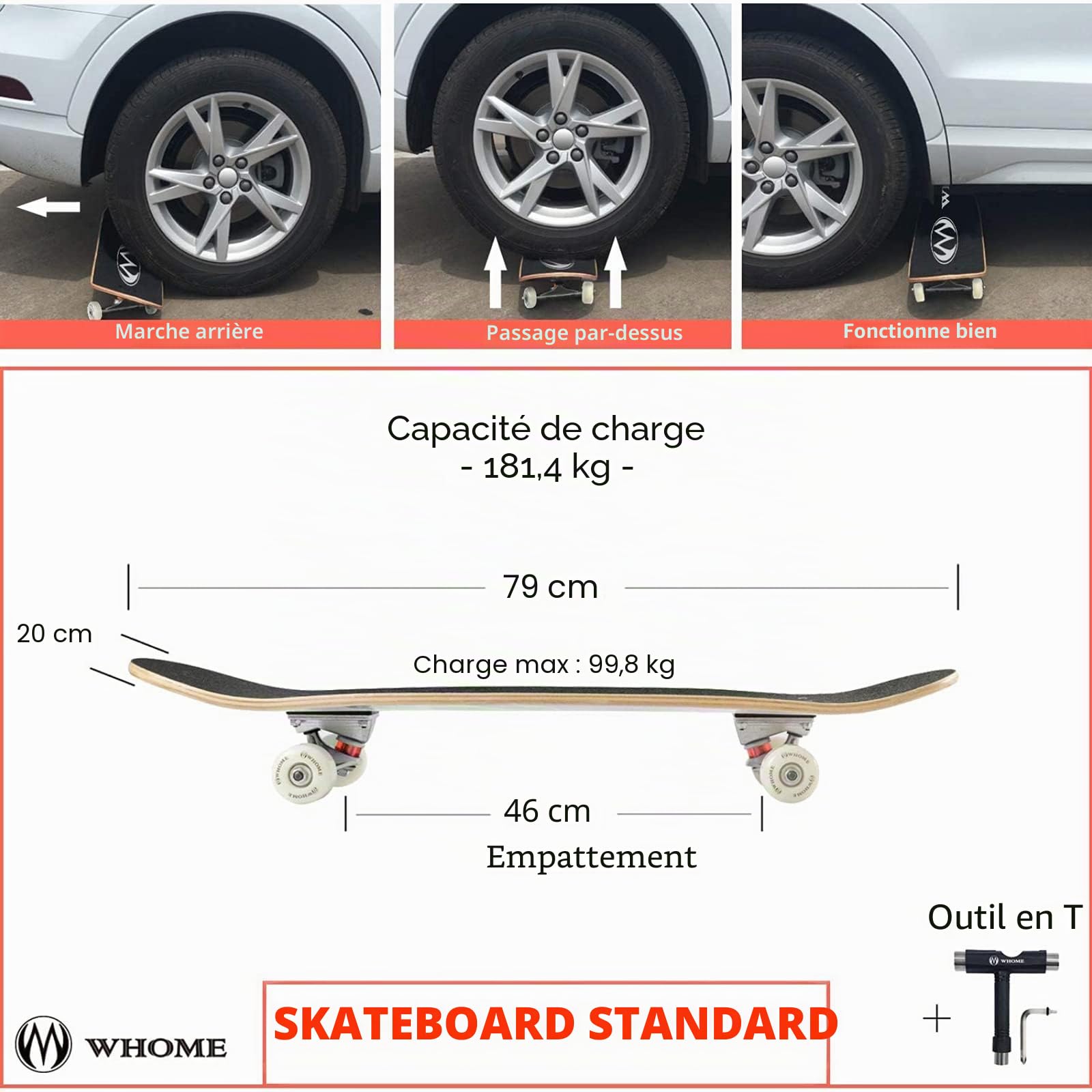 WHOME Pro Skateboard Complet 31x8 inch Plateau 8 Plis érable Alpin Roulement ABEC-9